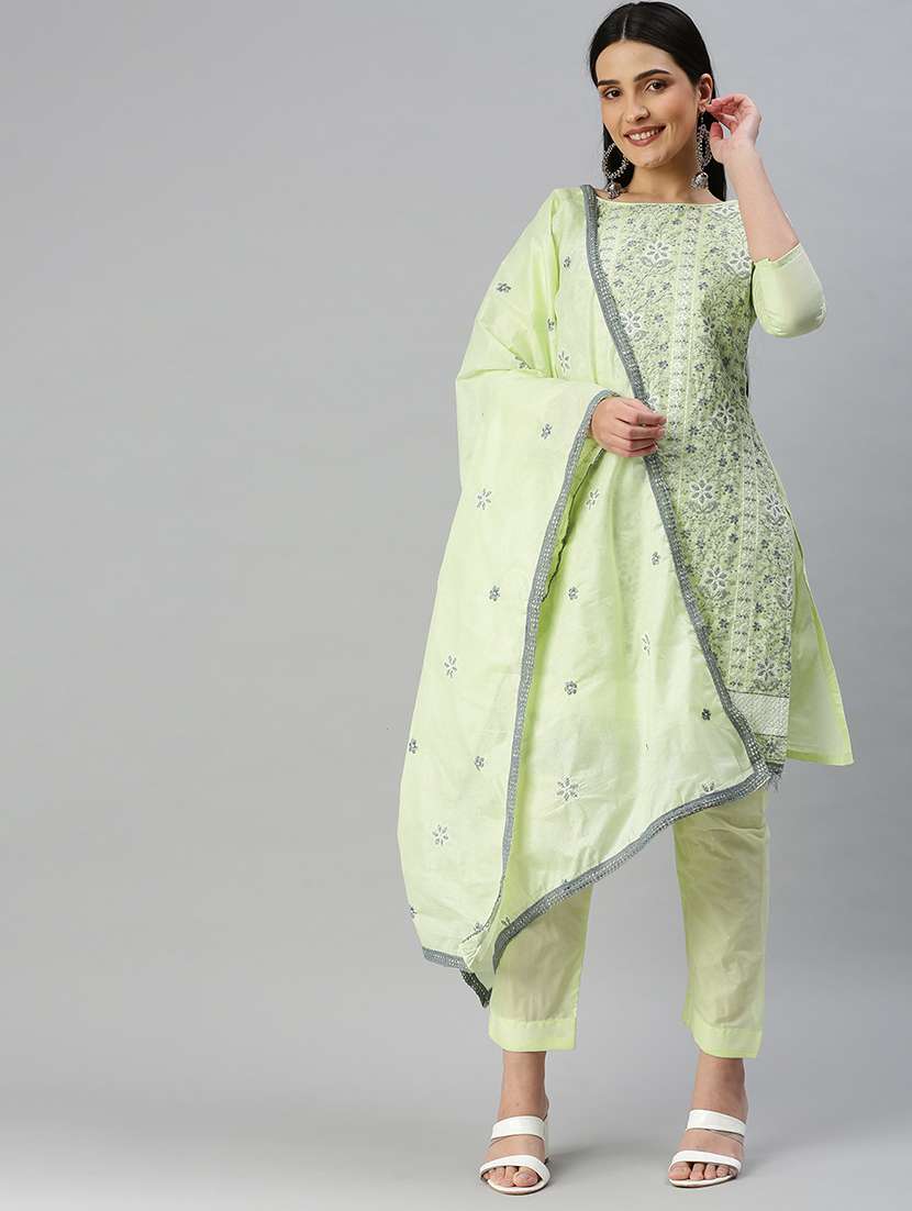 women solid with work unstitched suit set