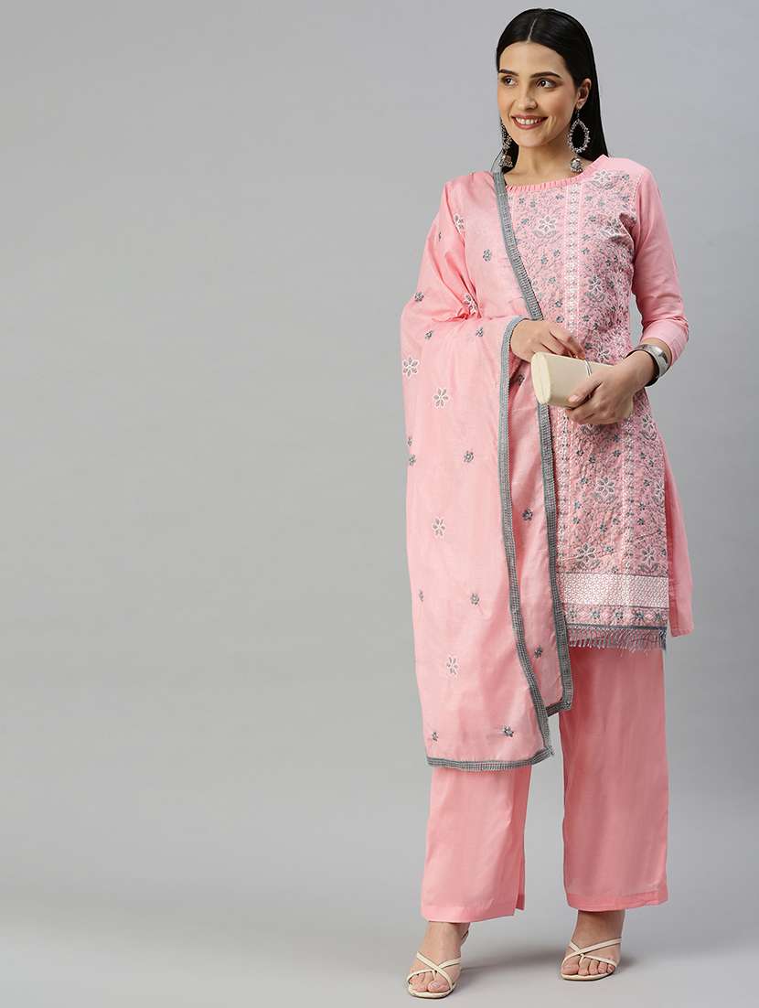 women solid with work unstitched suit set