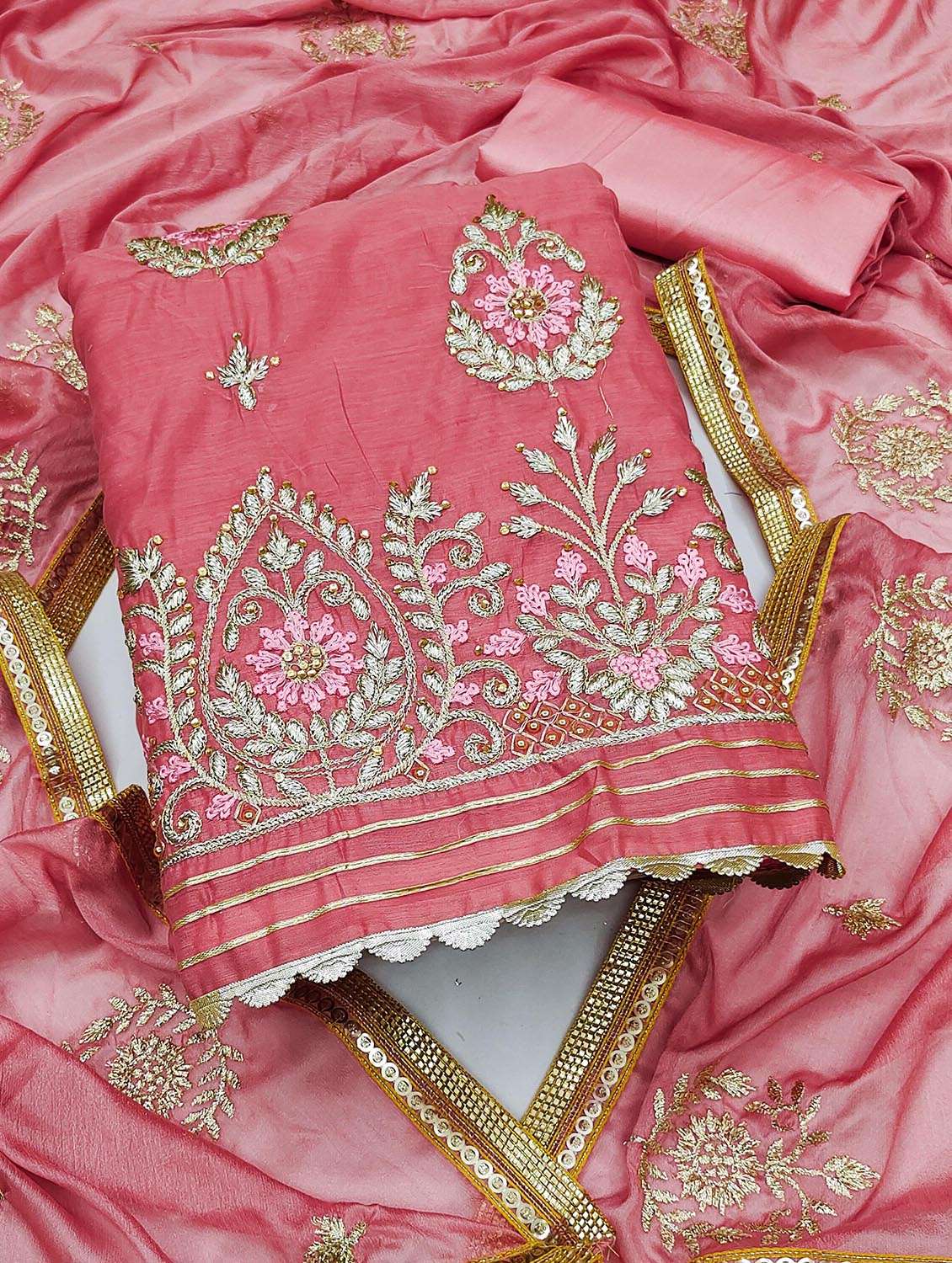 women solid with work unstitched suit set