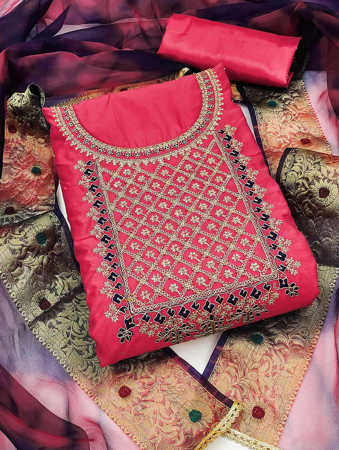 women solid with work unstitched suit set