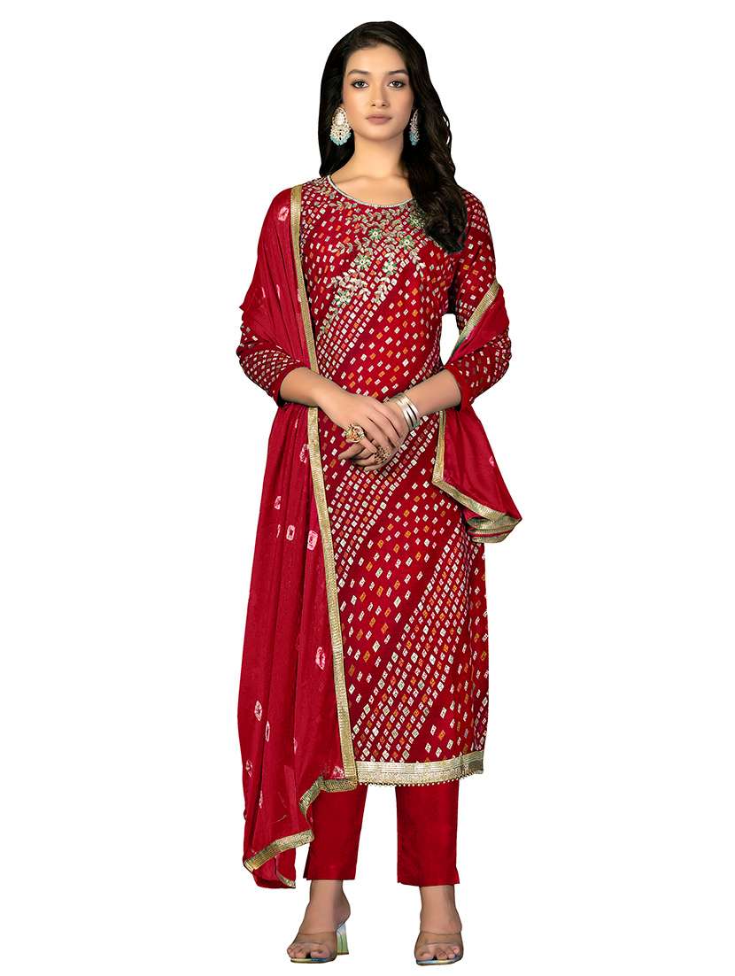 women bandhani printed unstitched suit set