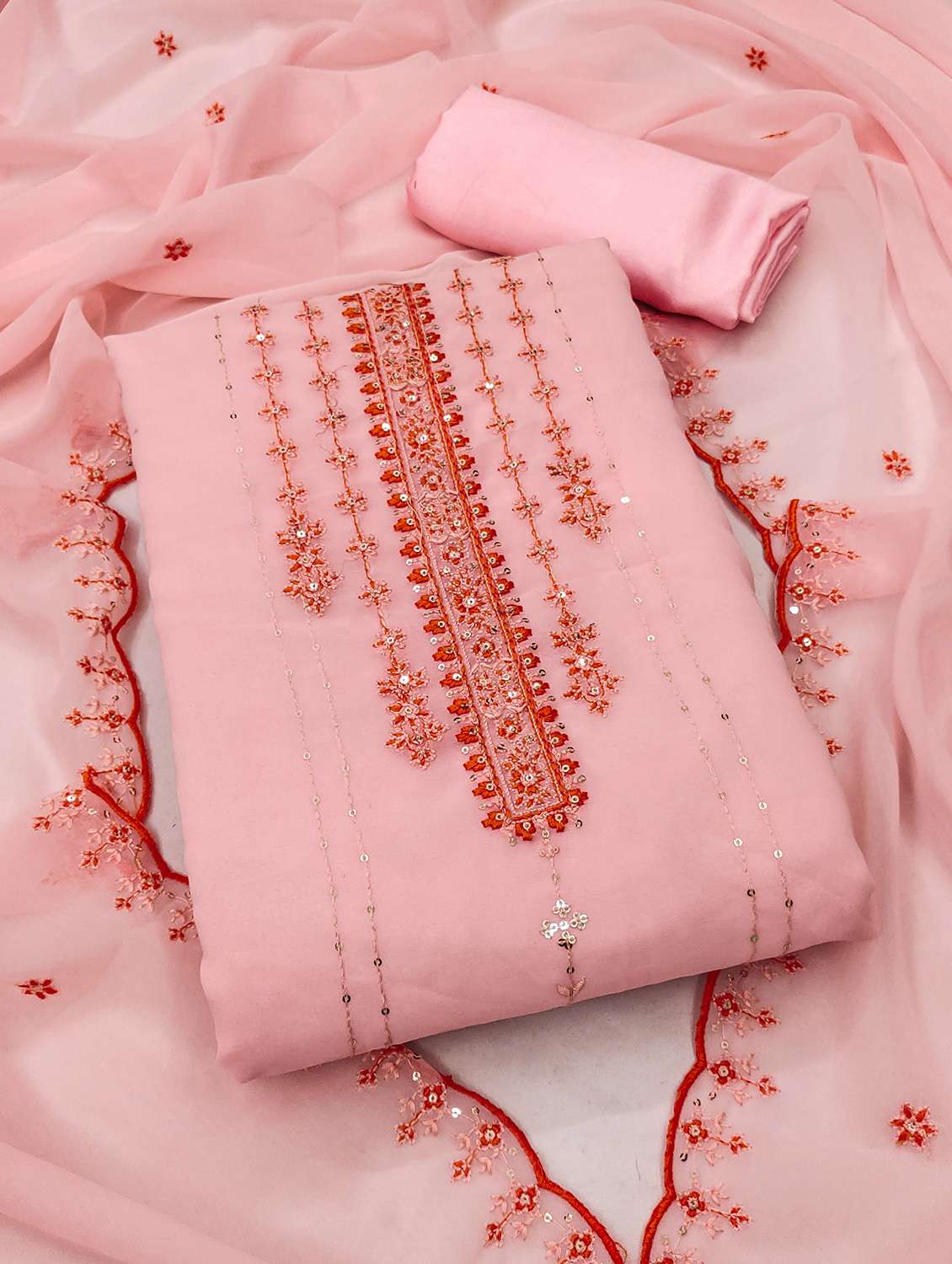 women solid with work unstitched suit set