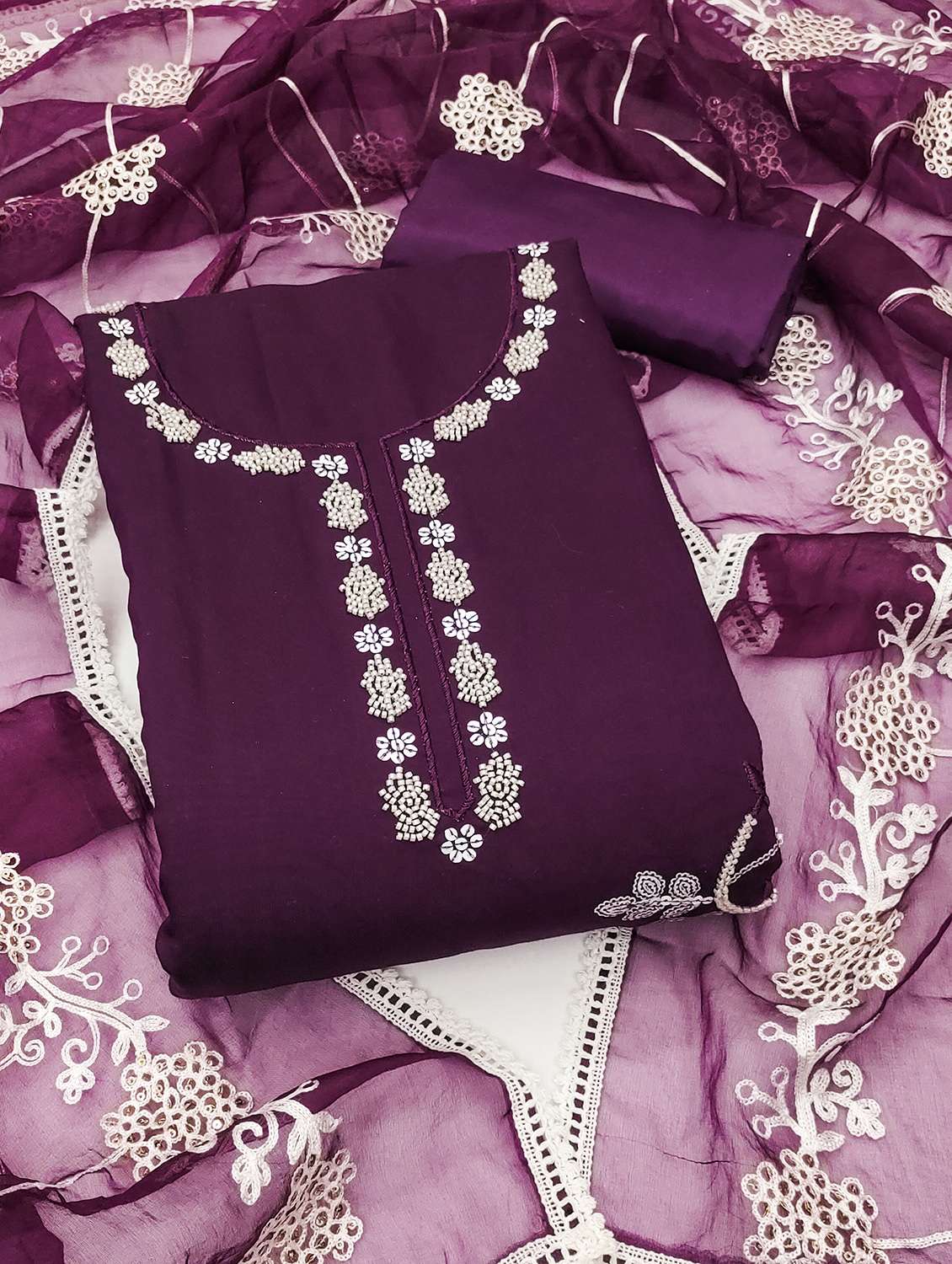 women solid with work unstitched suit set