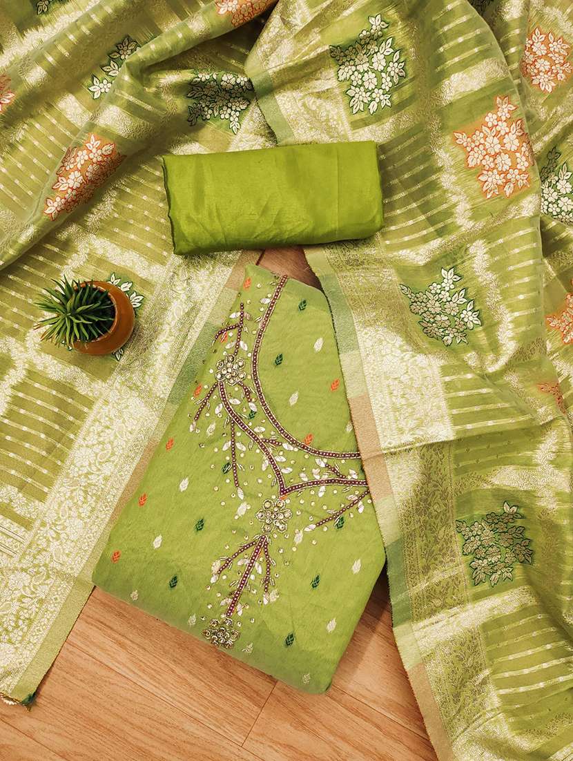 green silk blend unstitched suit