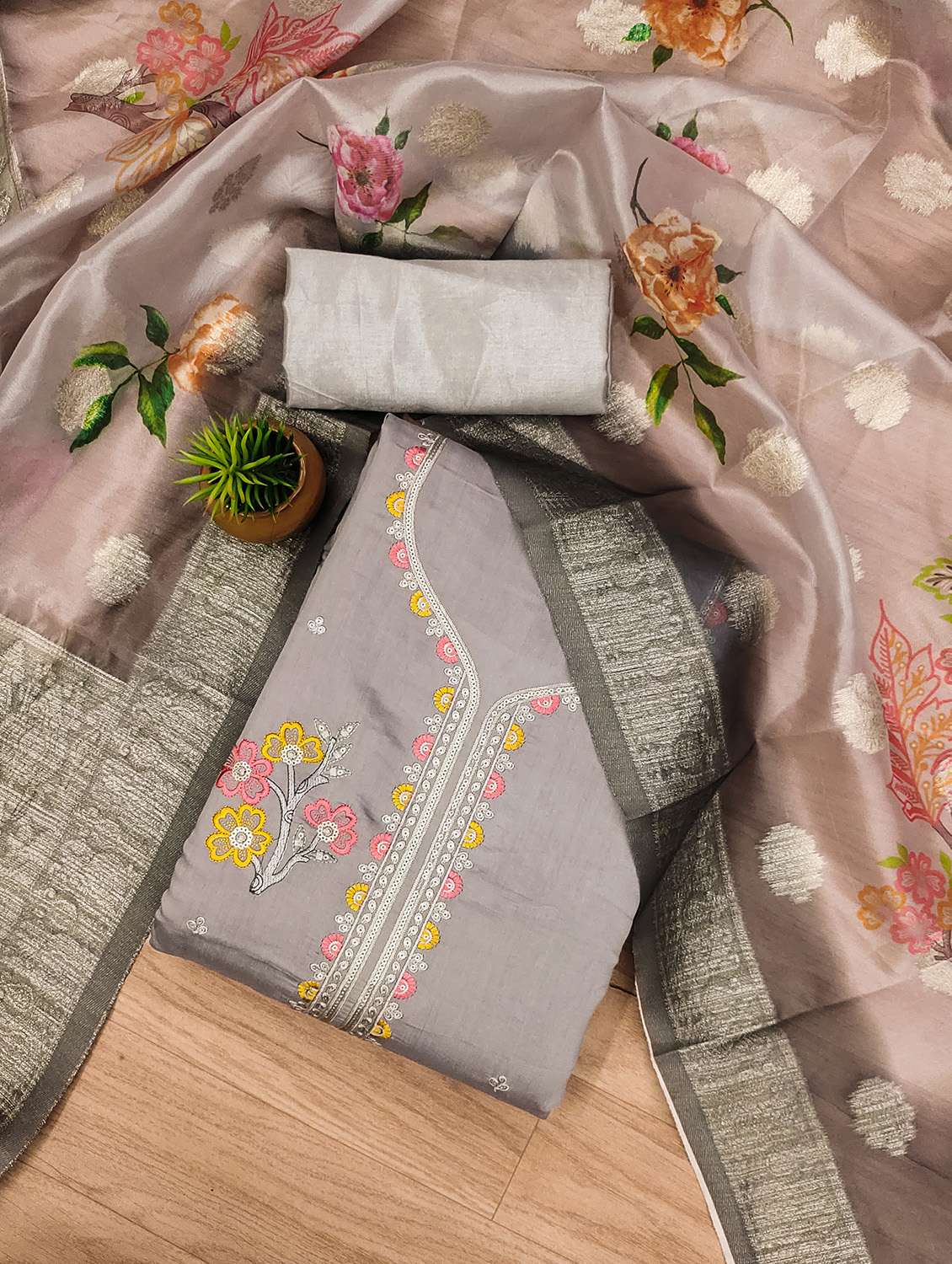 women solid with work unstitched suit set