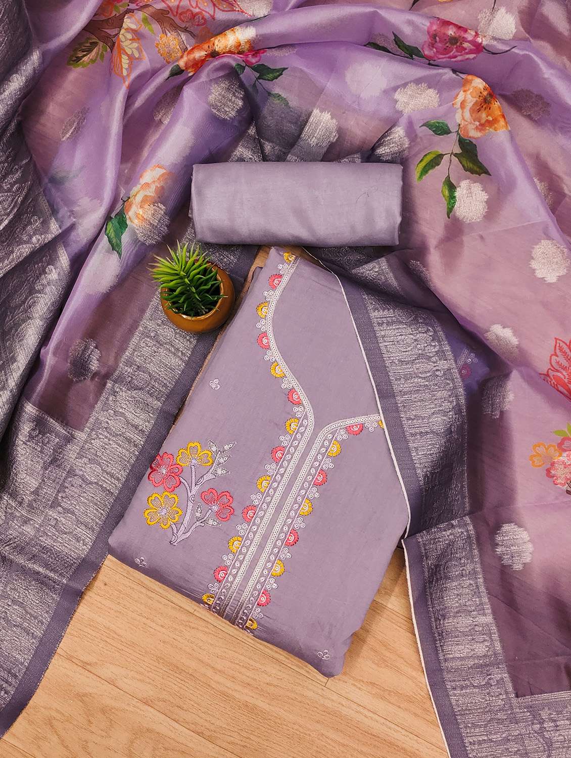 women solid with work unstitched suit set