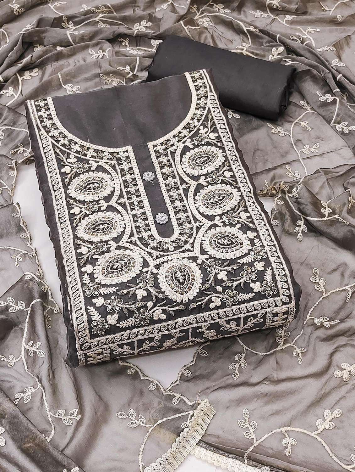 women solid with work unstitched suit set