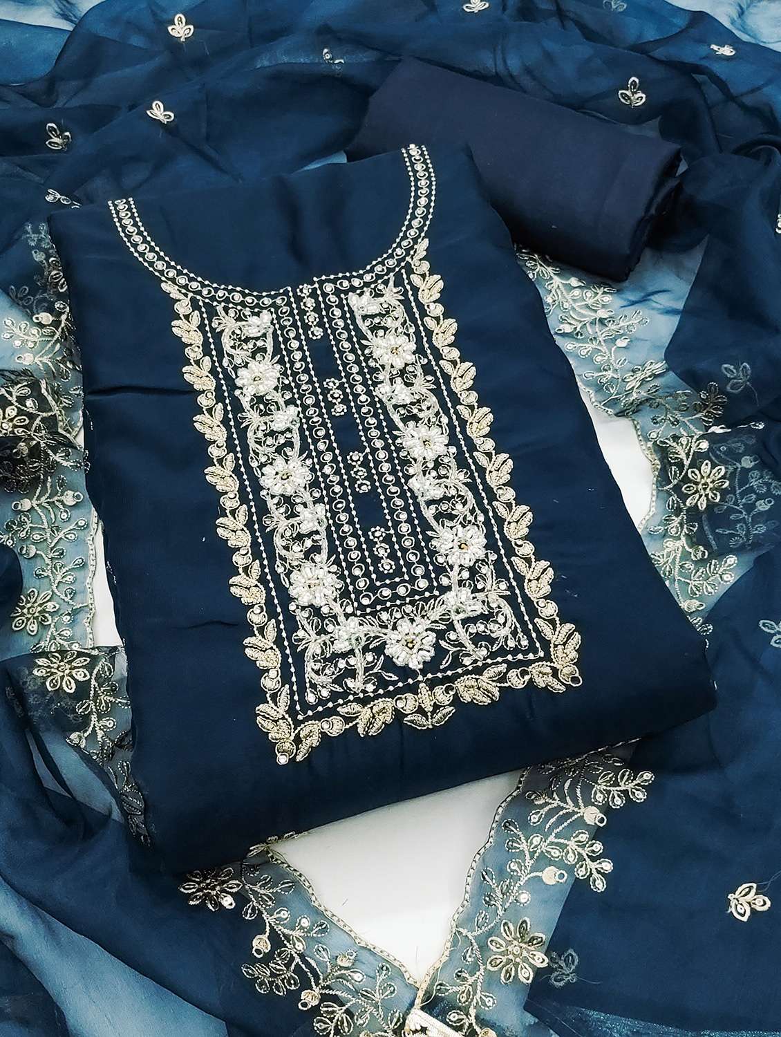 women solid with work unstitched suit set