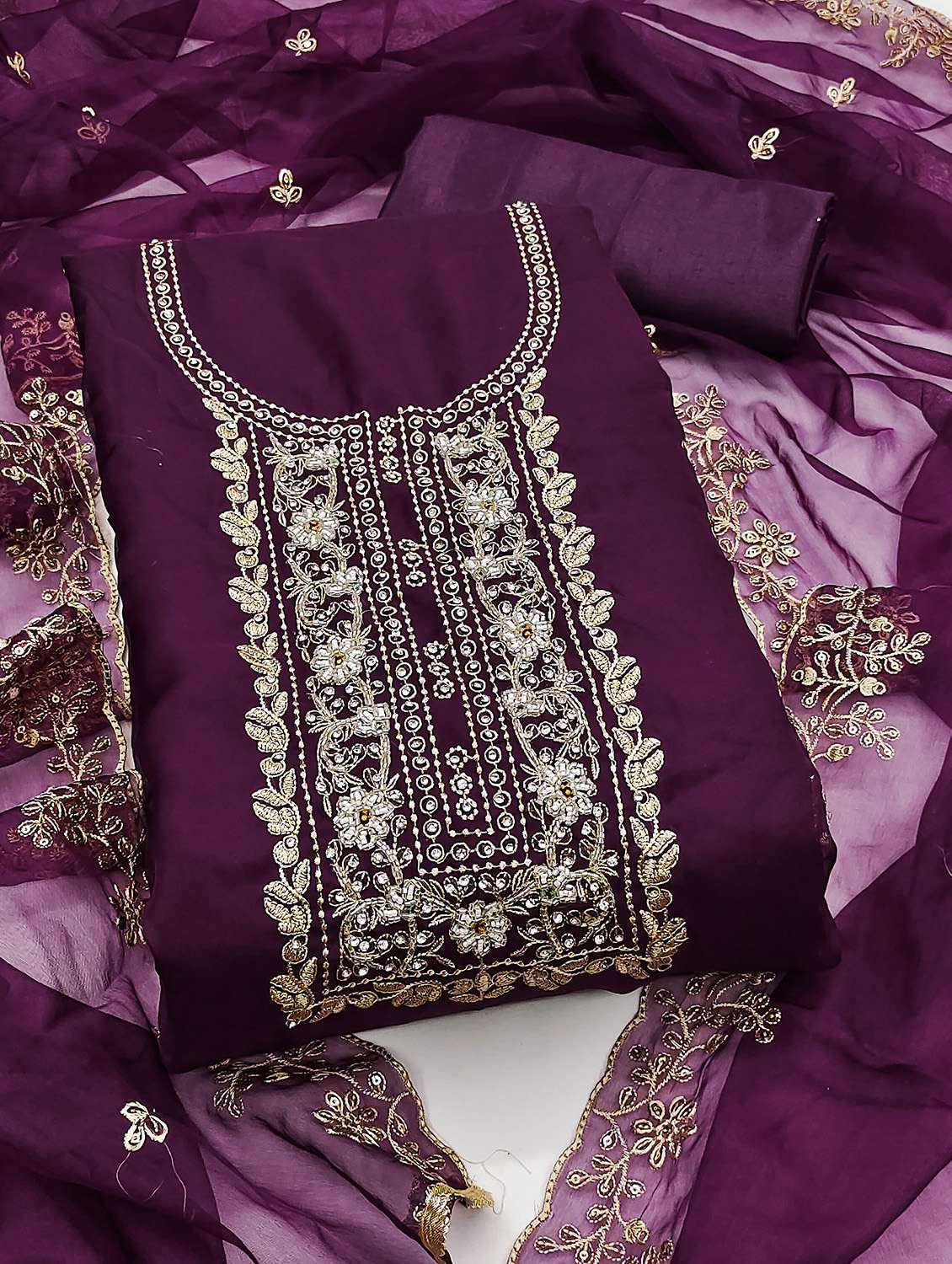 women solid with work unstitched suit set