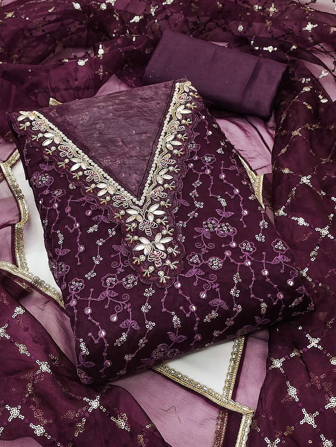 women solid with work unstitched suit set