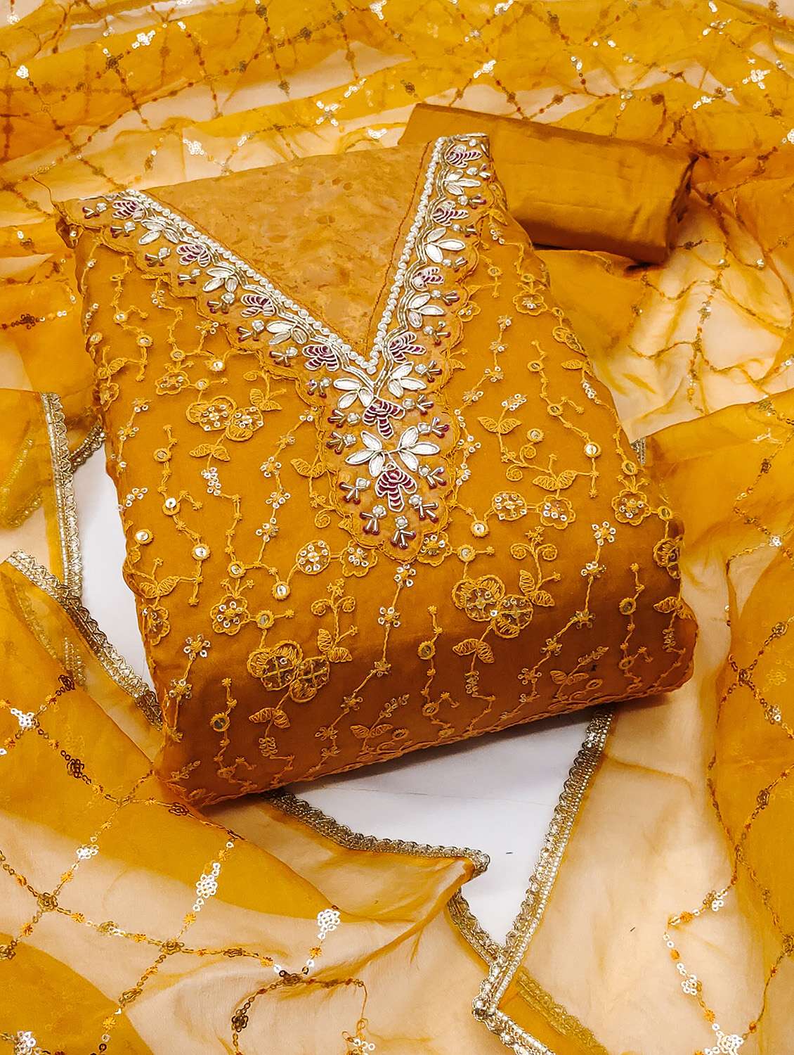 women solid with work unstitched suit set