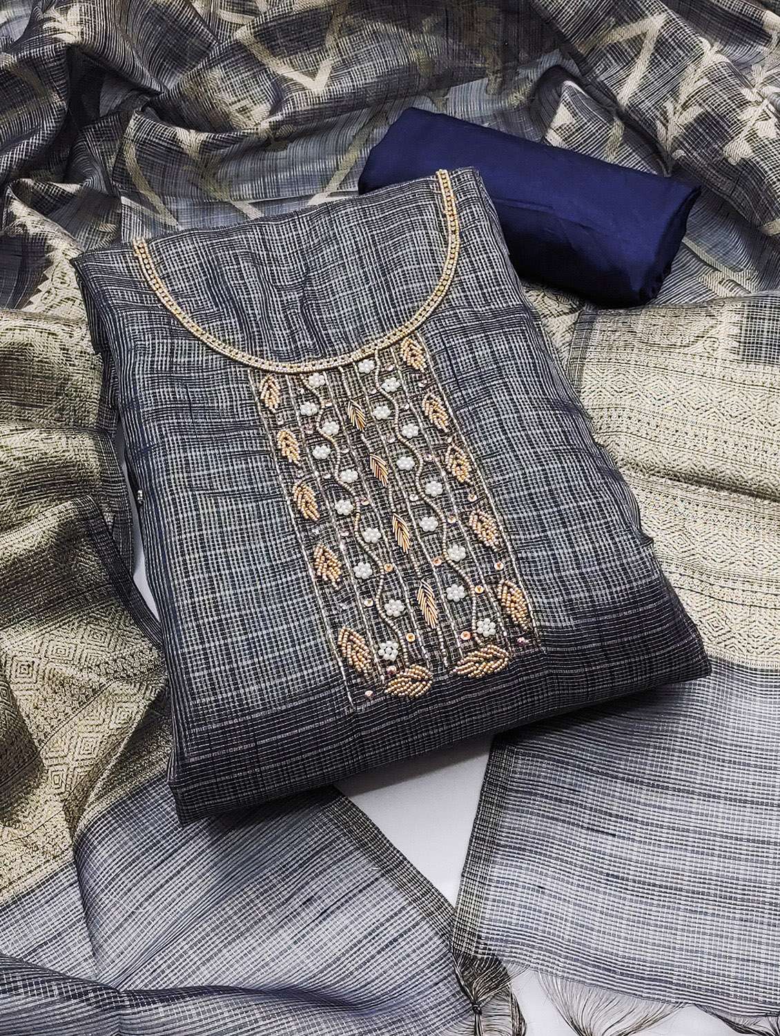 women checkered unstitched suit set