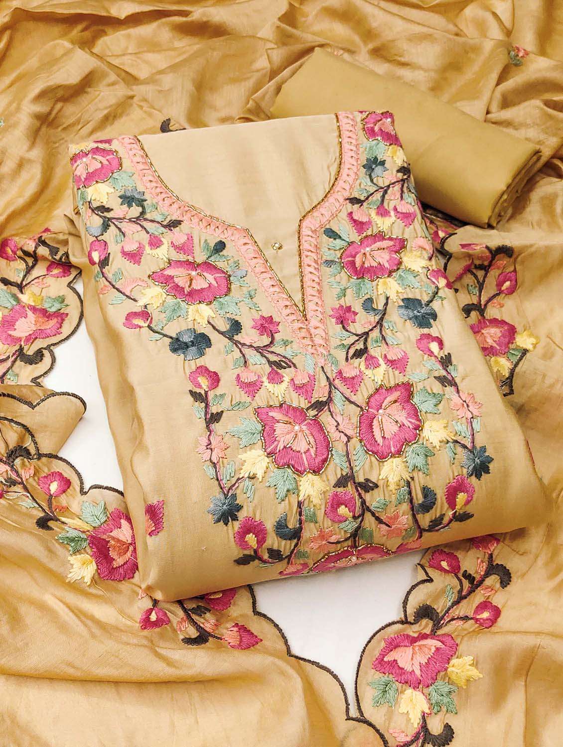 women solid with work unstitched suit set