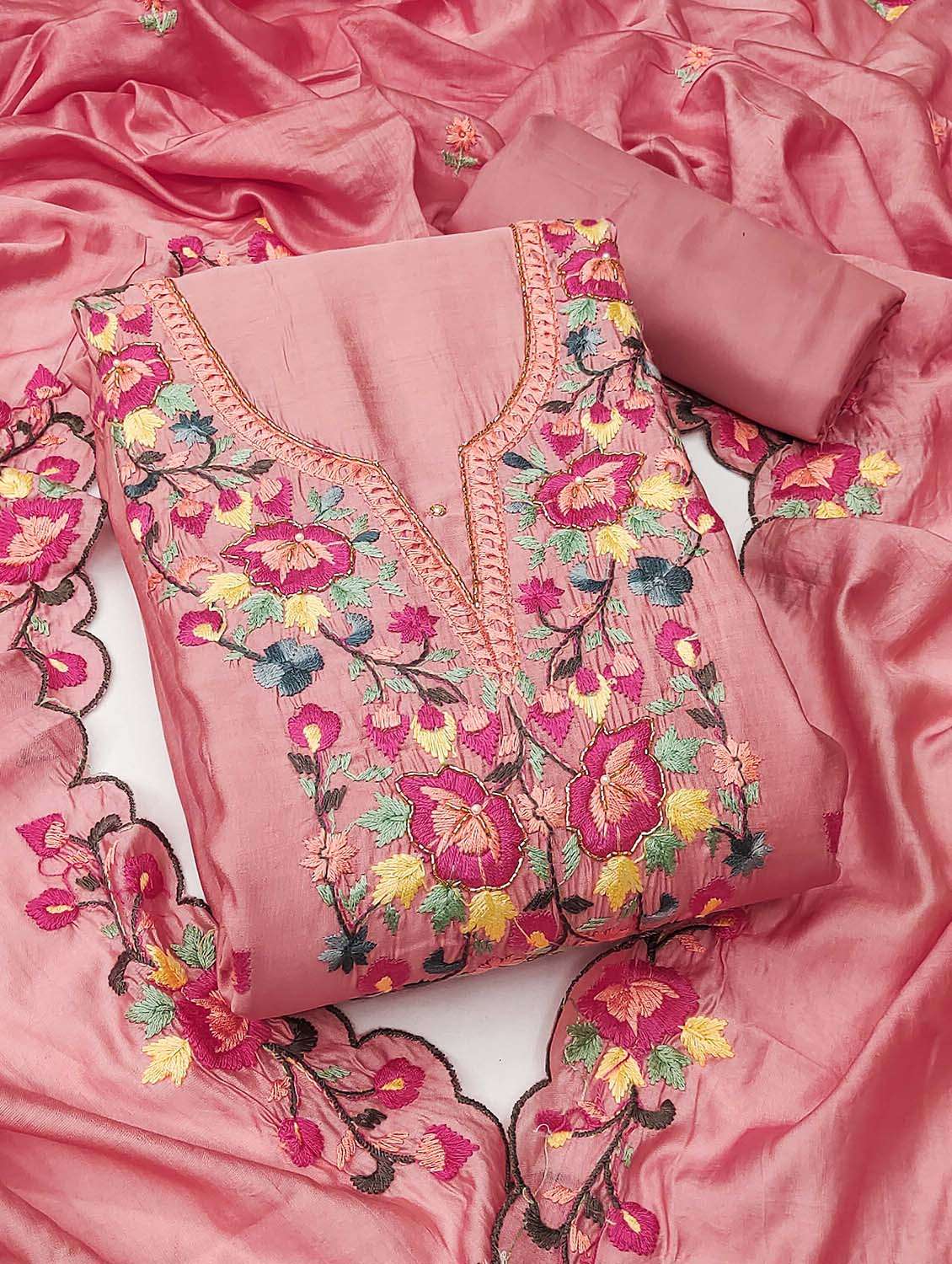 women solid with work unstitched suit set