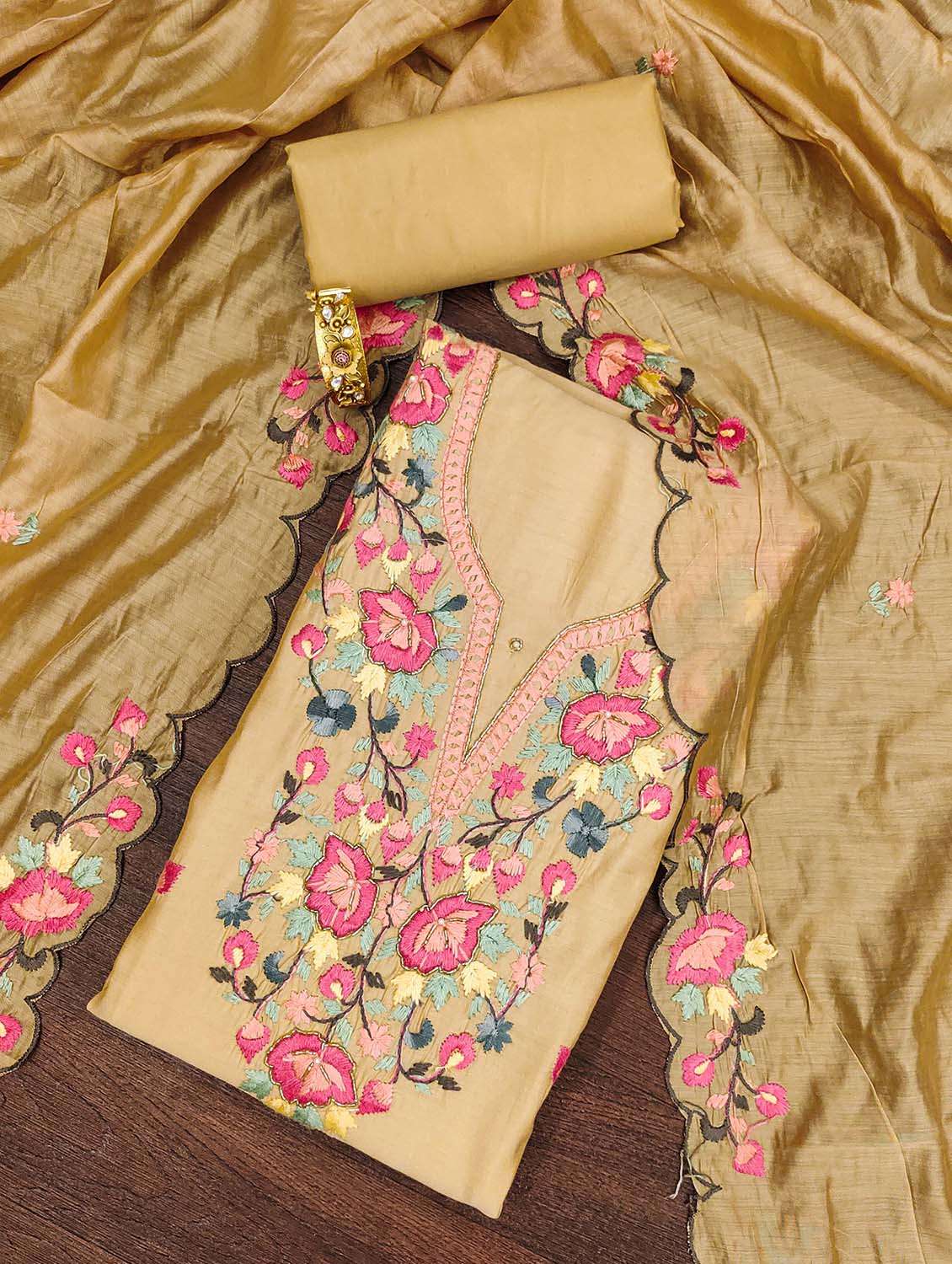 women solid with work unstitched suit set