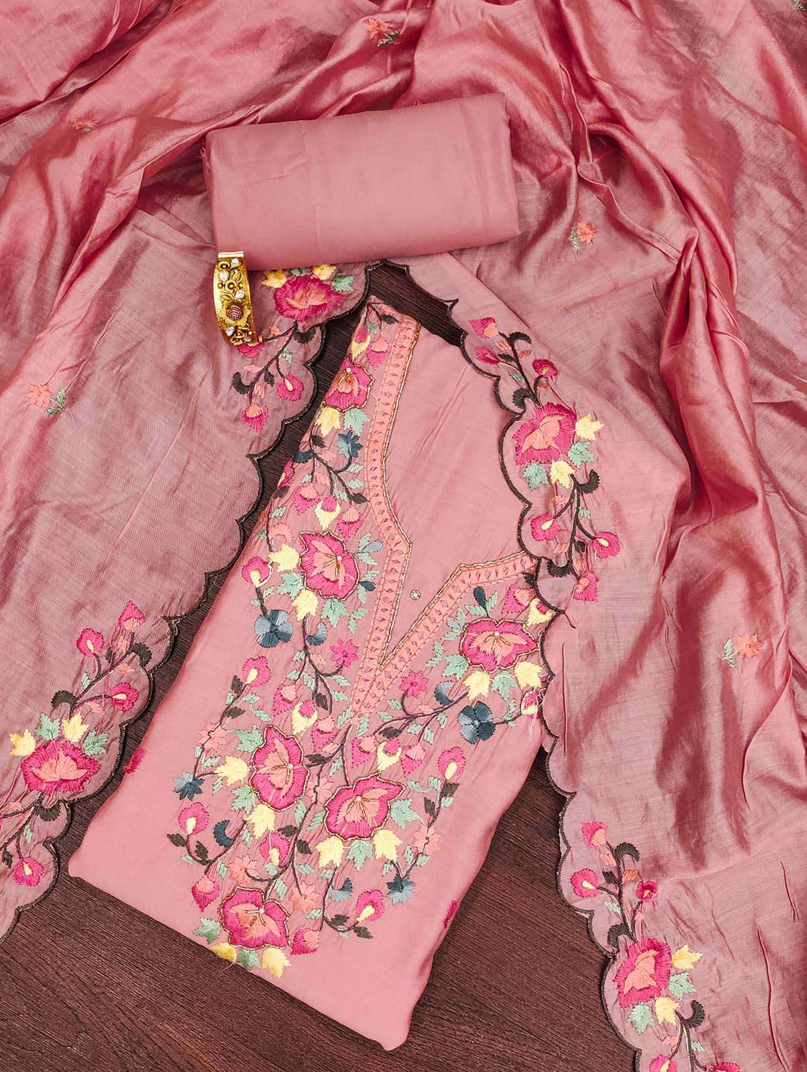 women solid with work unstitched suit set