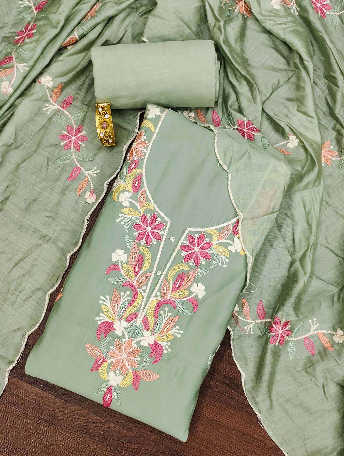 women solid with work unstitched suit set