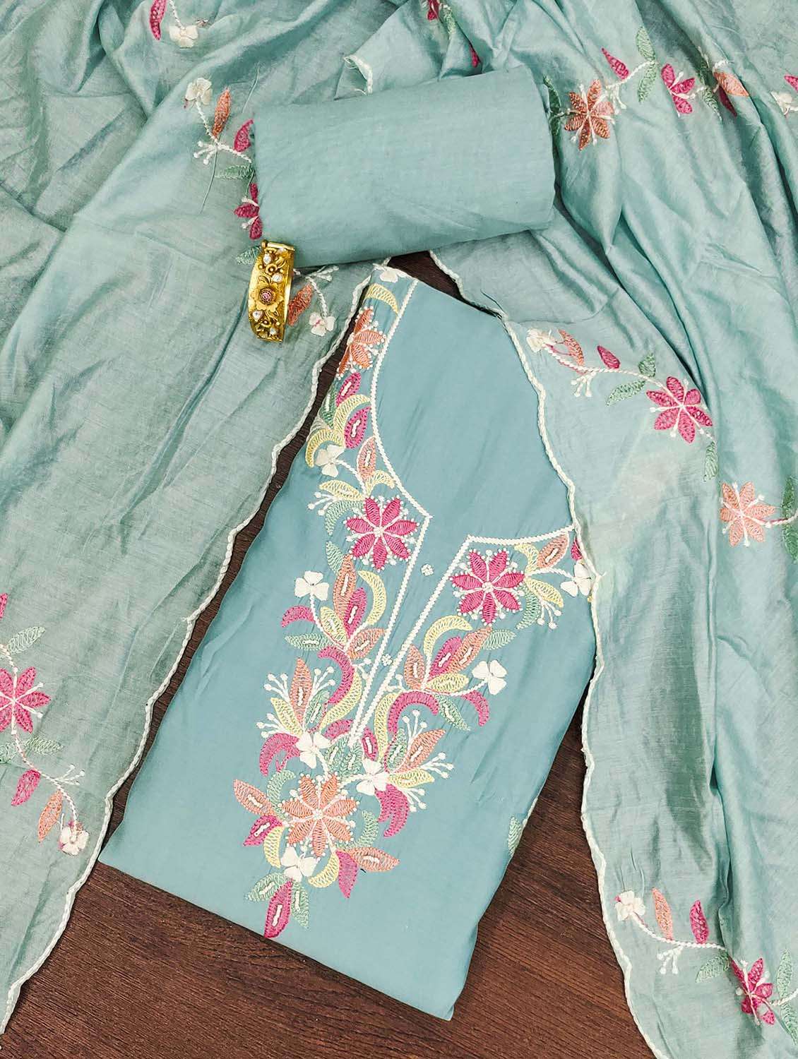 women solid with work unstitched suit set