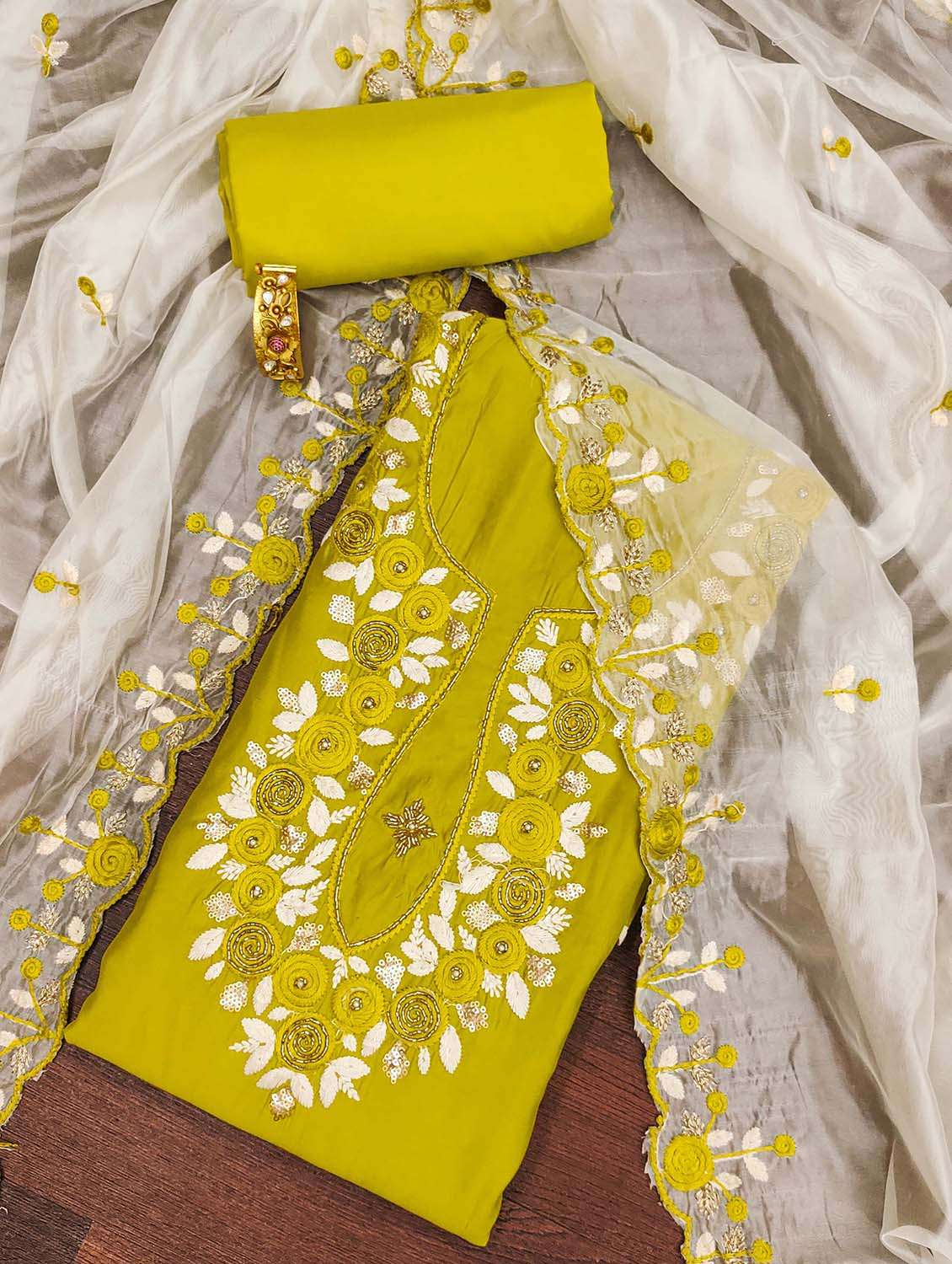 women solid with work unstitched suit set