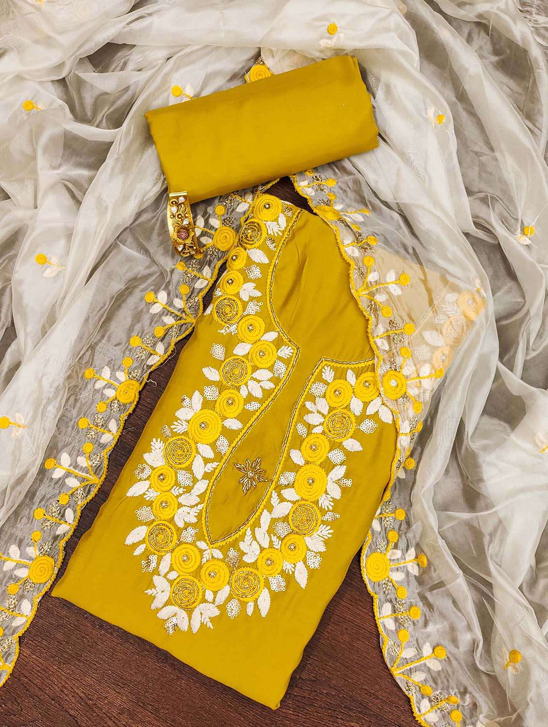 women solid with work unstitched suit set