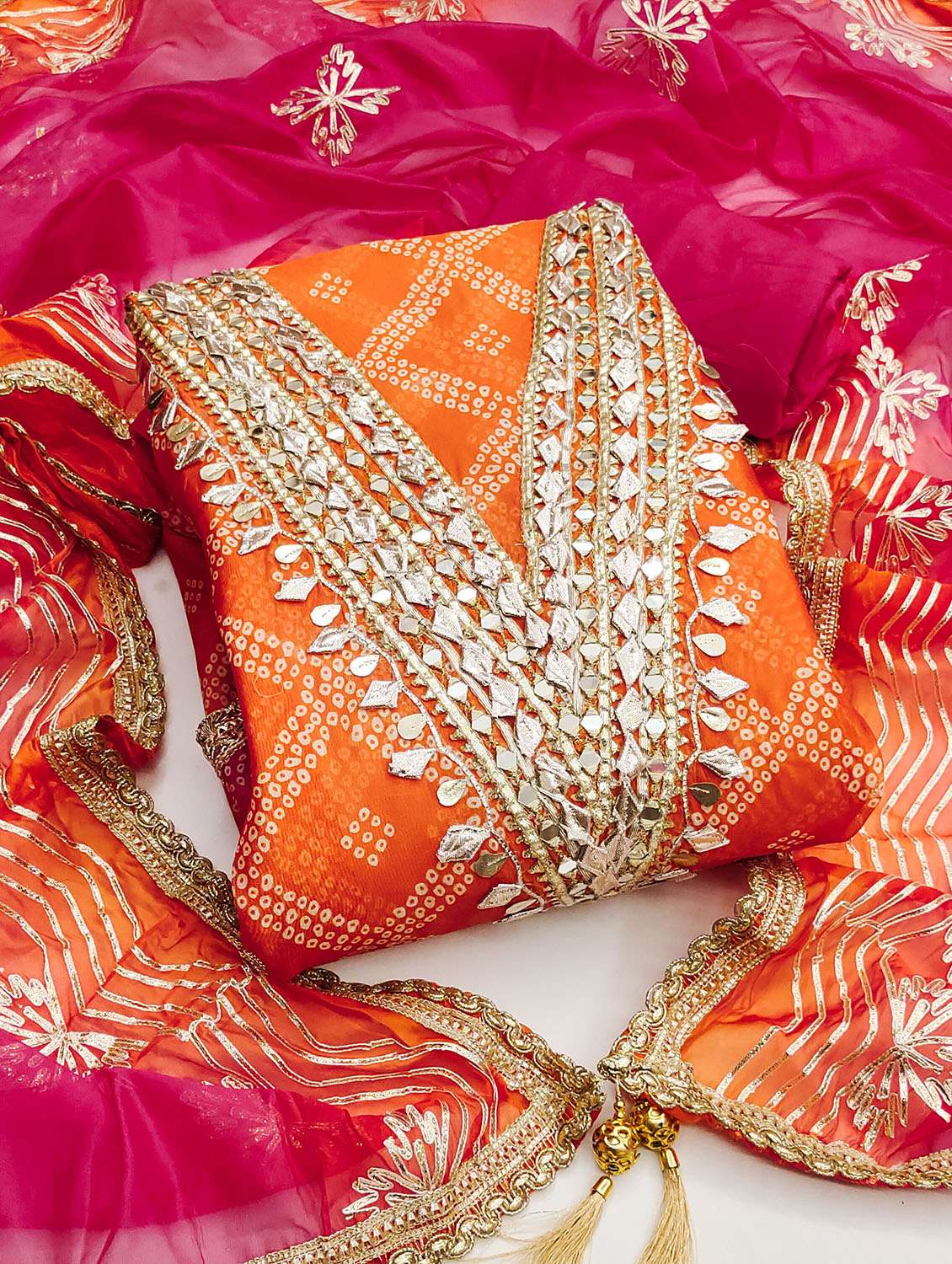 women bandhani printed unstitched suit set