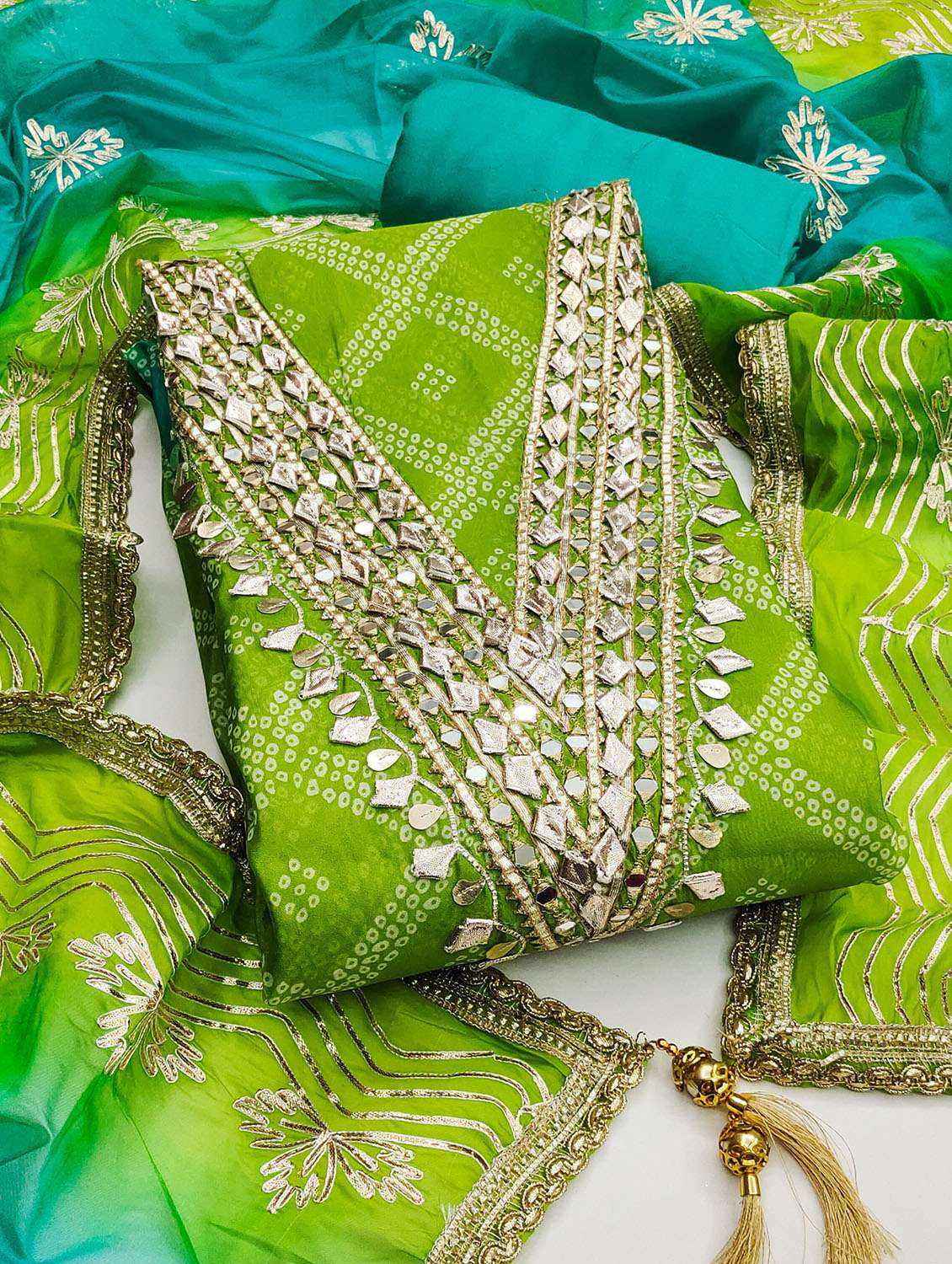 women bandhani printed unstitched suit set