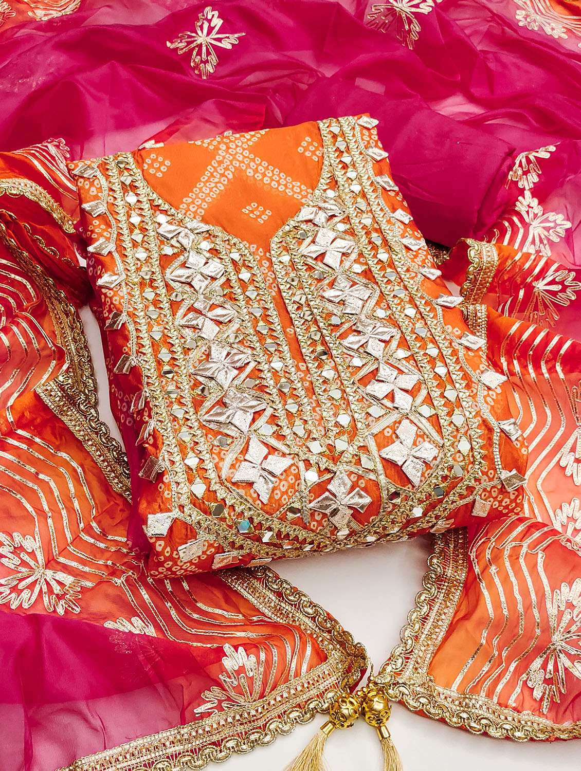 women bandhani printed unstitched suit set