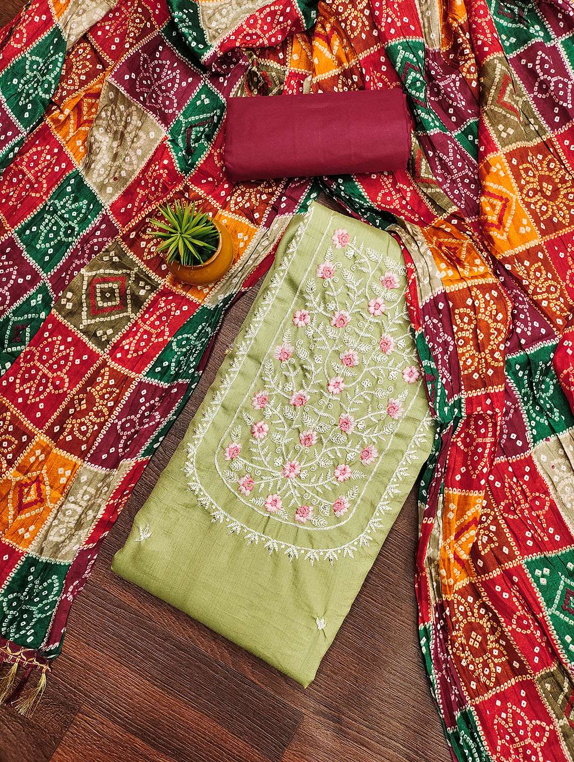women solid with work unstitched suit set