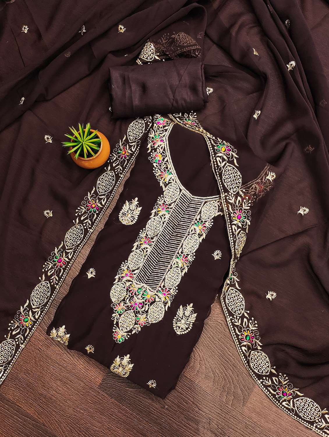 women solid with work unstitched suit set