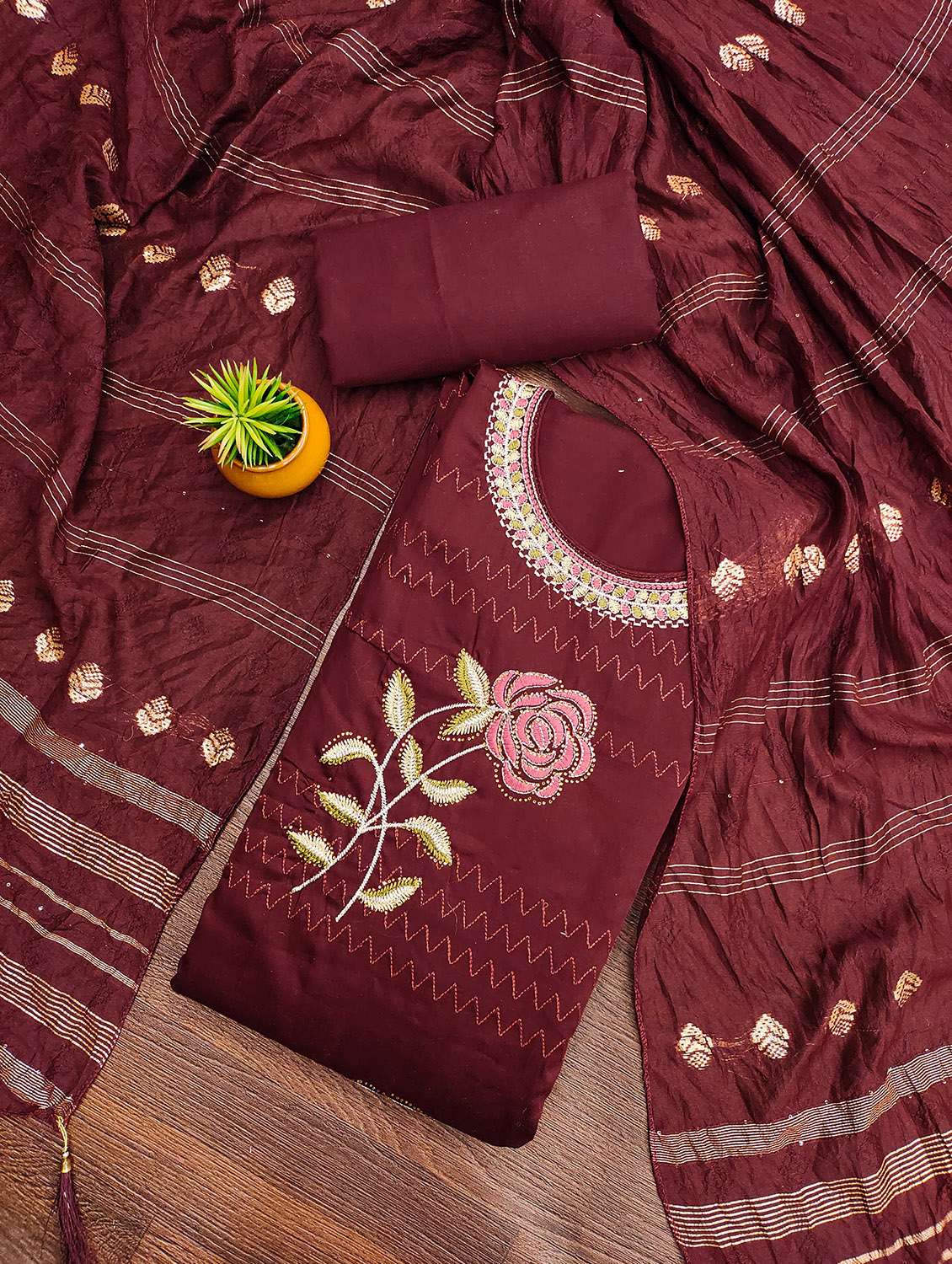 women solid with work unstitched suit set