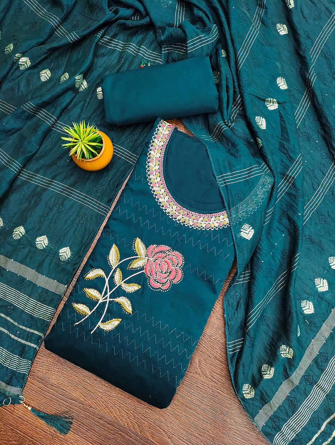 women solid with work unstitched suit set
