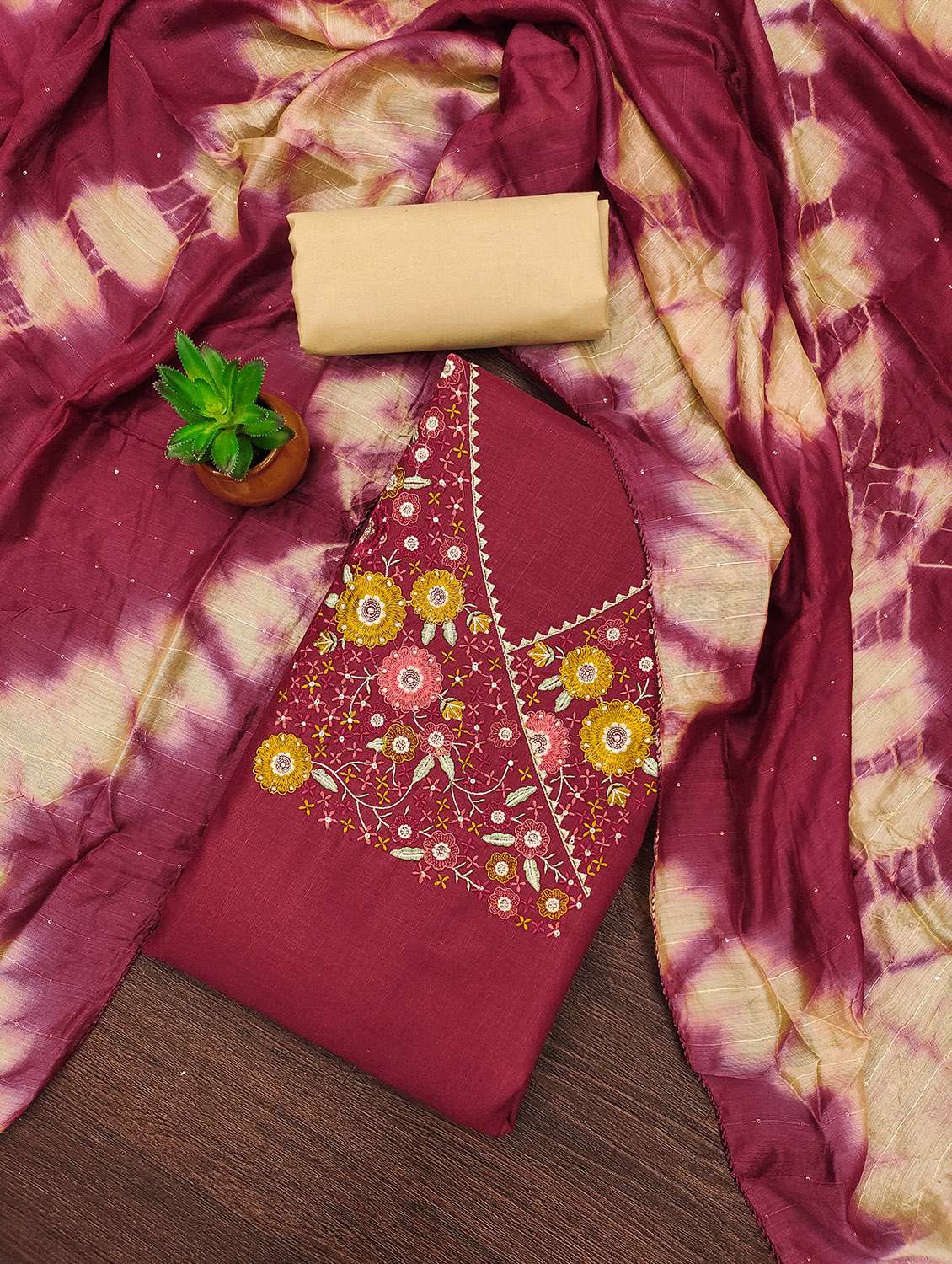 women solid with work unstitched suit set