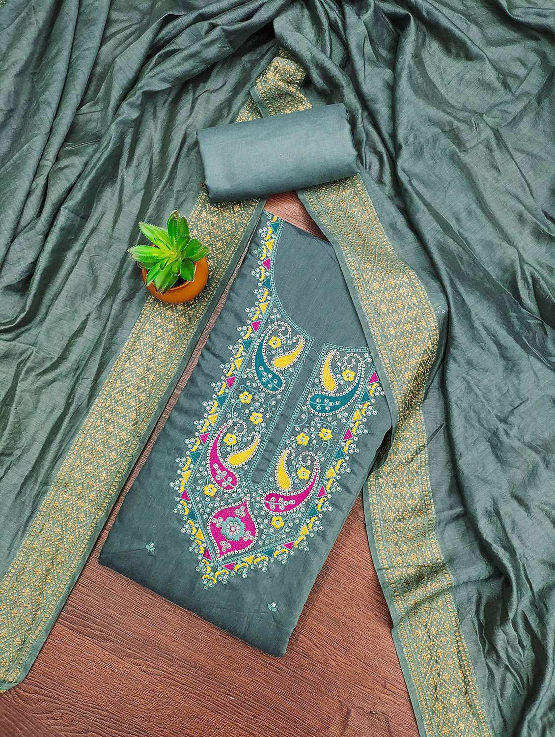 women solid with work unstitched suit set