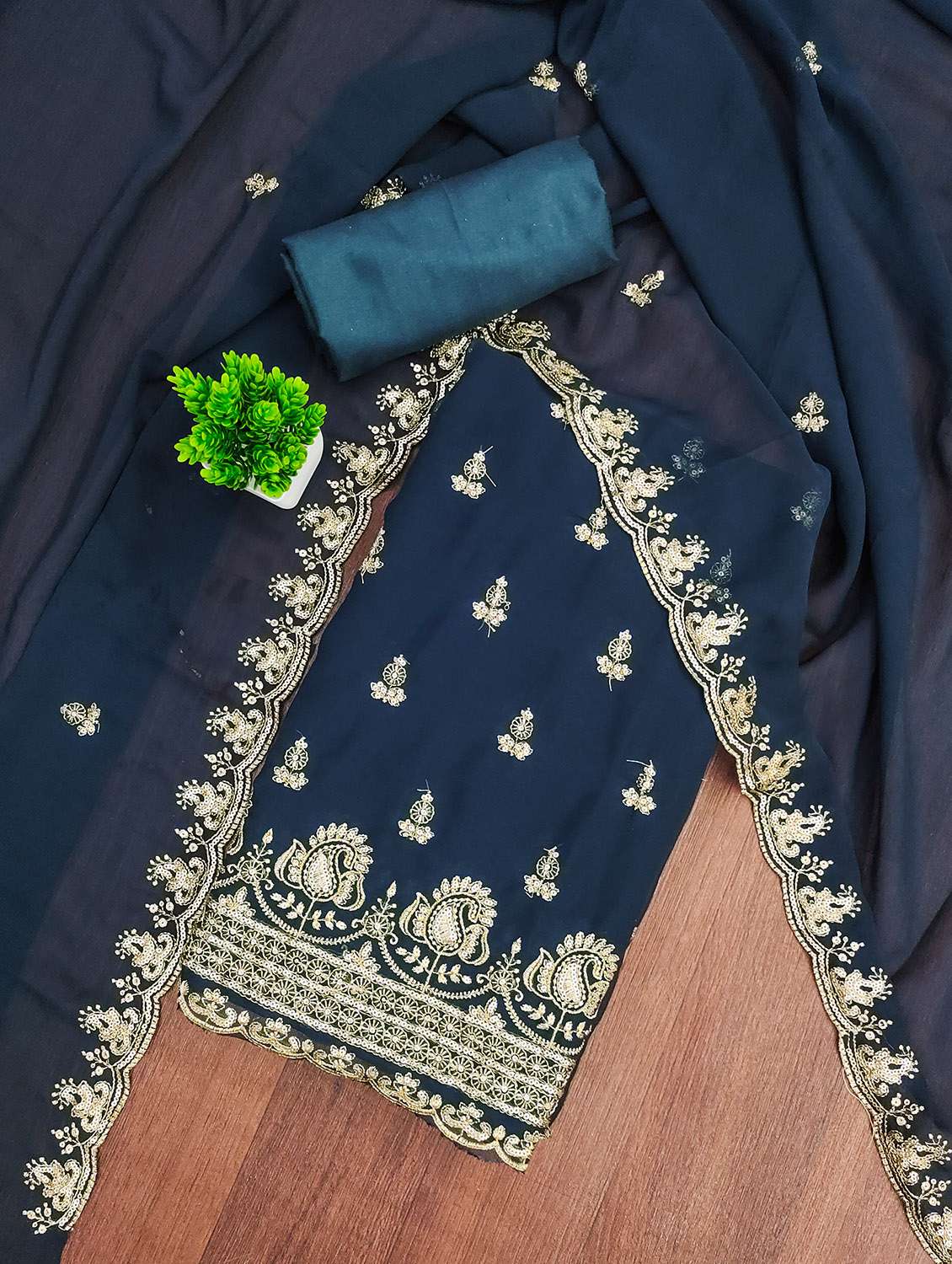 women solid with work unstitched suit set