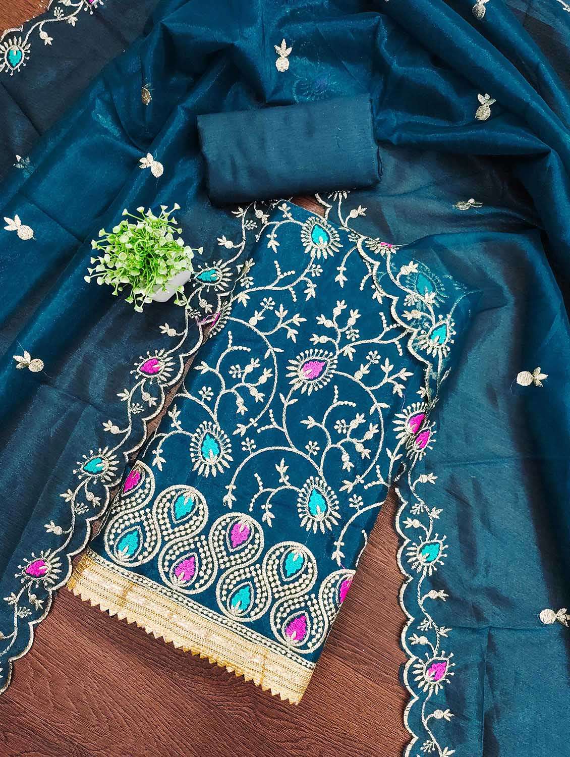 women solid with work unstitched suit set