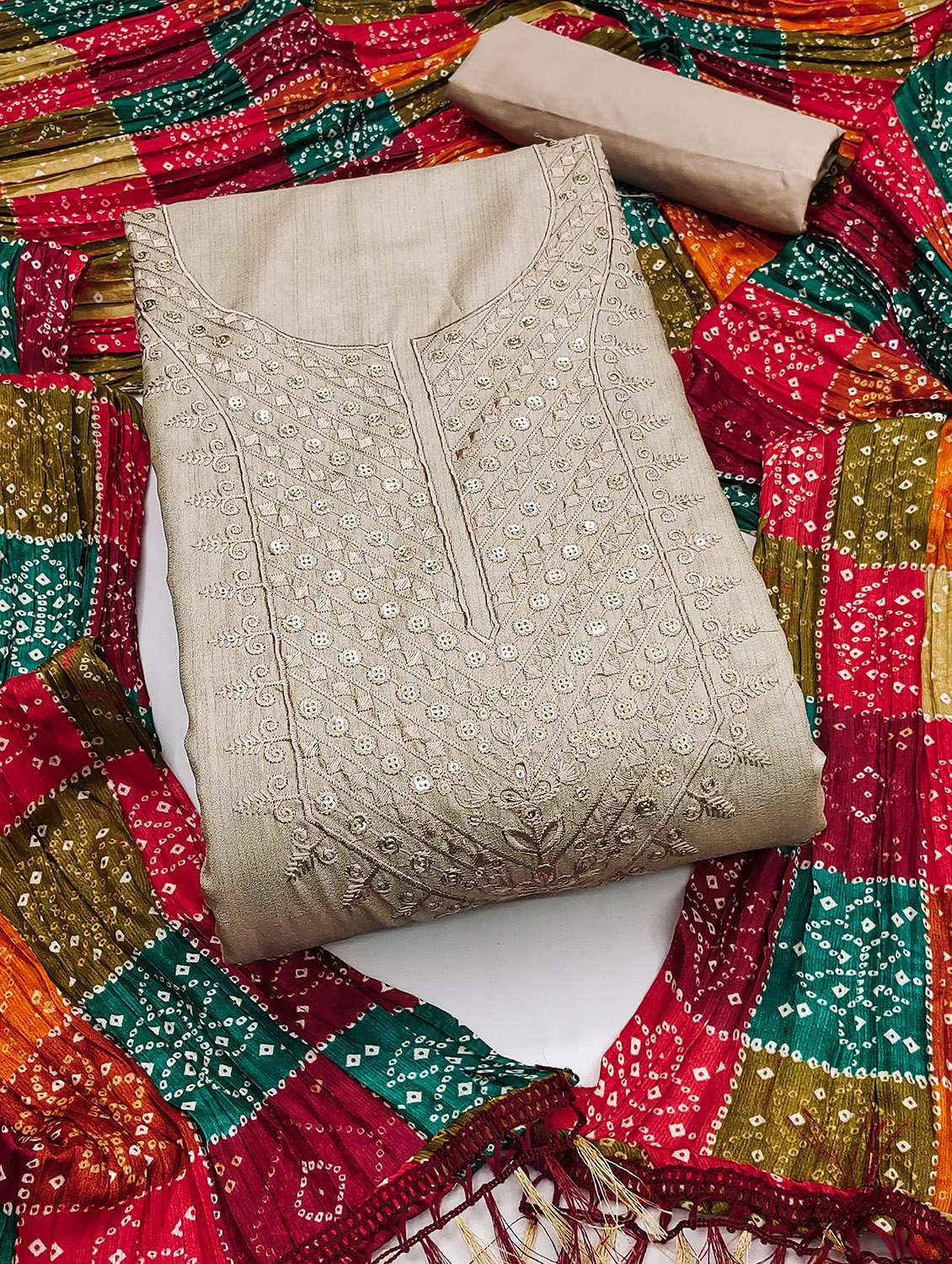 women solid with work unstitched suit set