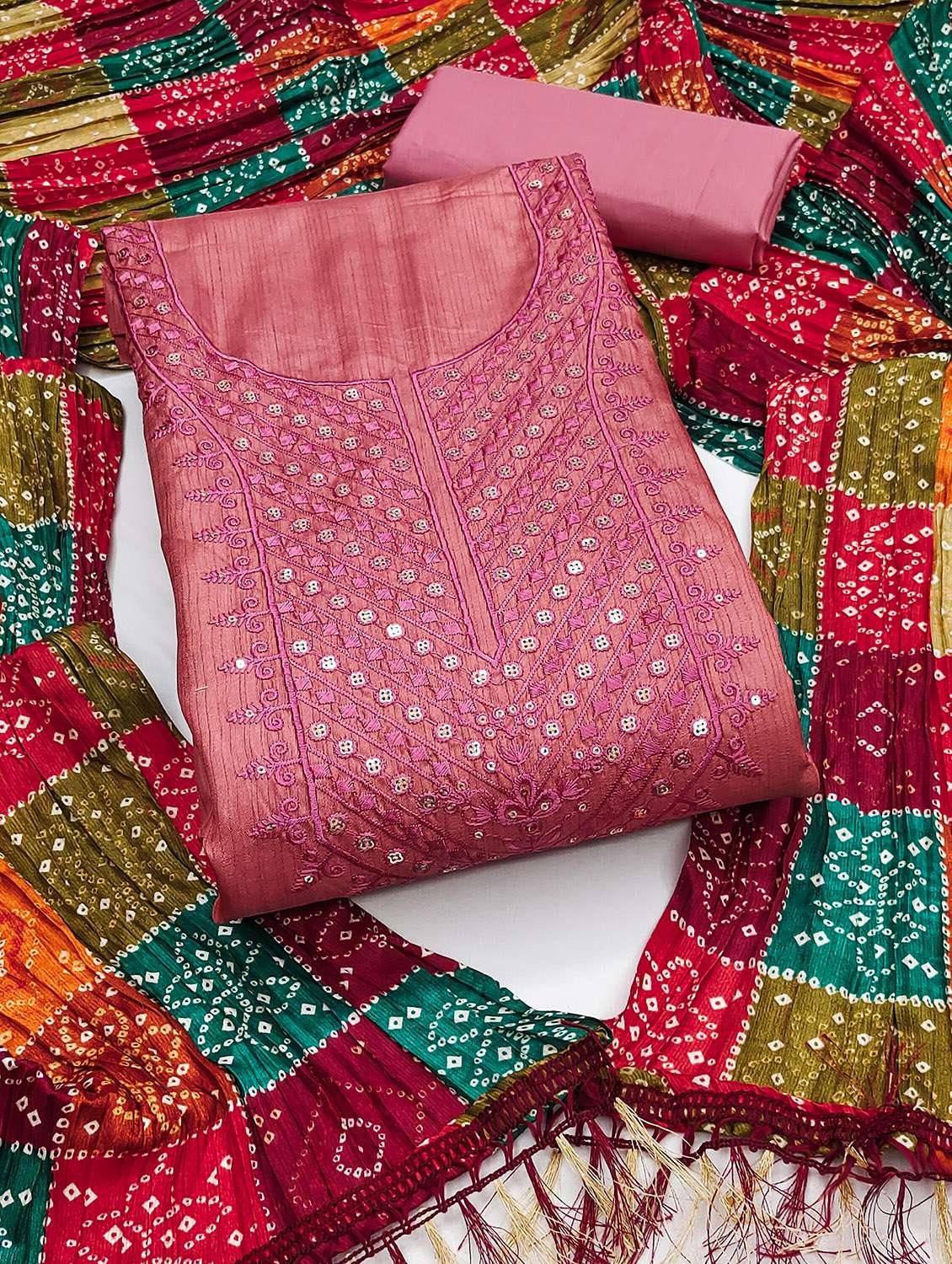 women solid with work unstitched suit set