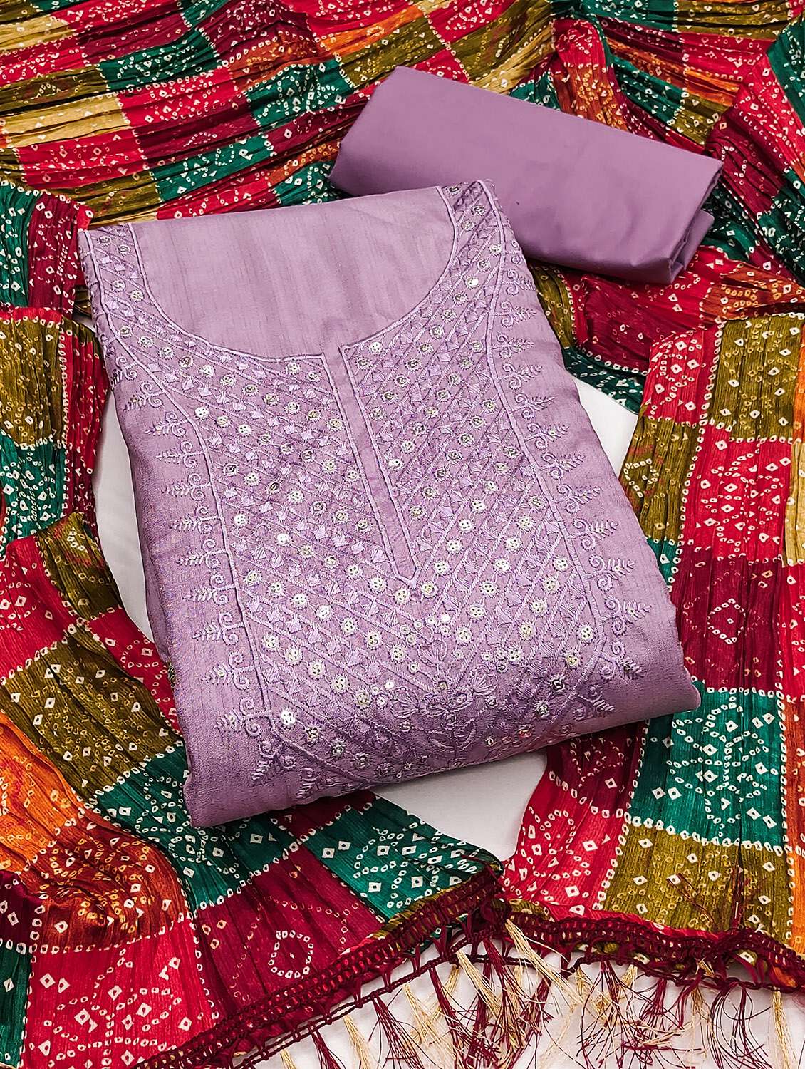 women solid with work unstitched suit set