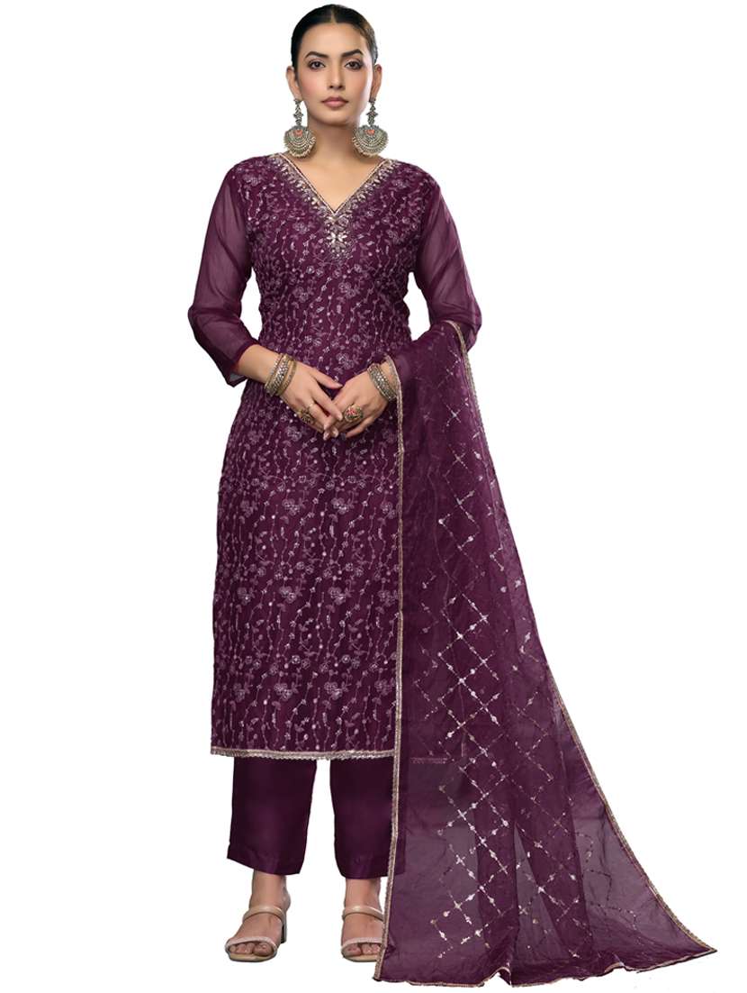 women solid with work unstitched suit set