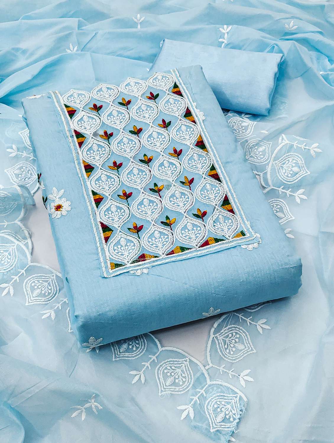 women solid with work unstitched suit set