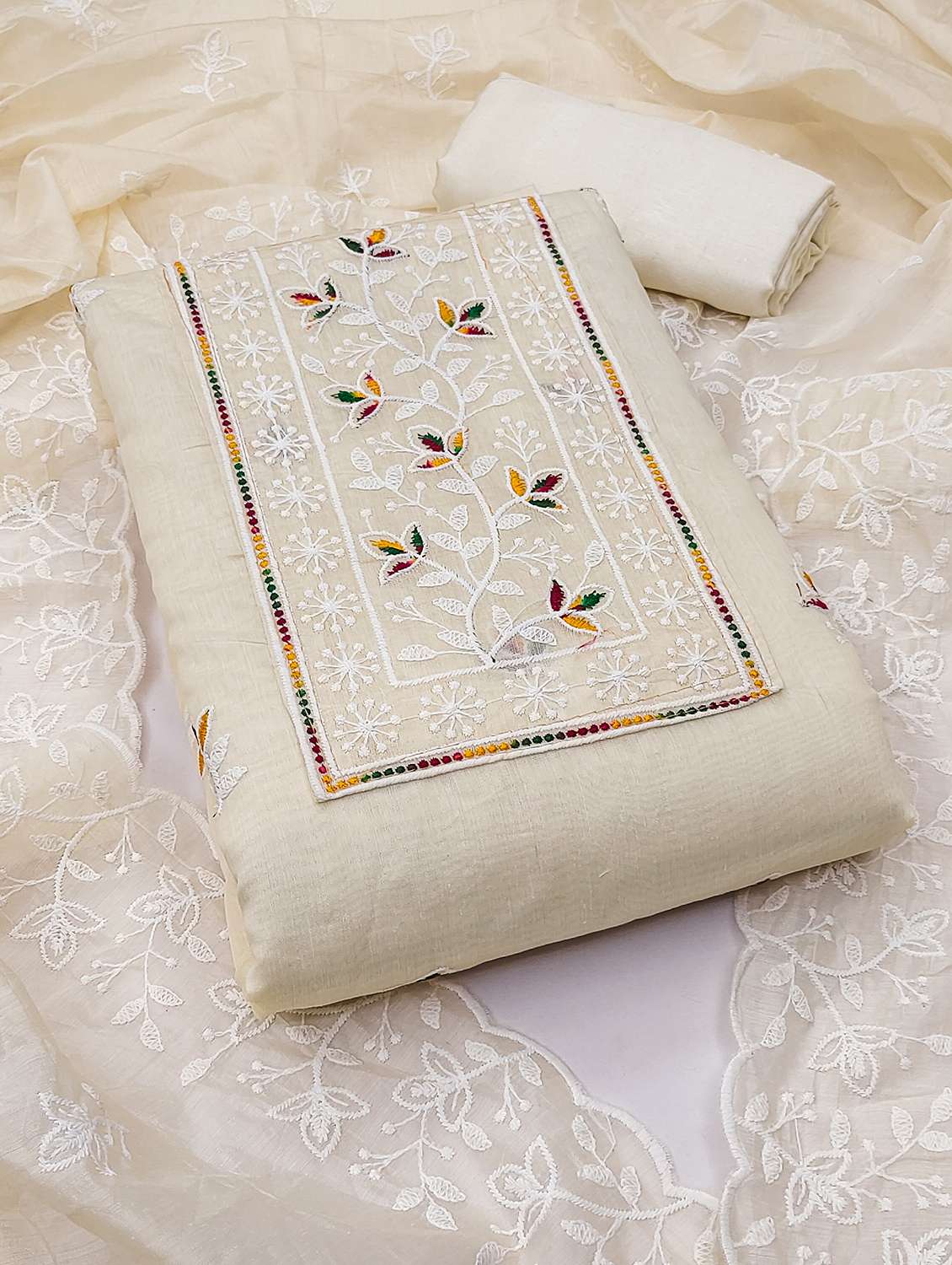 women solid with work unstitched suit set