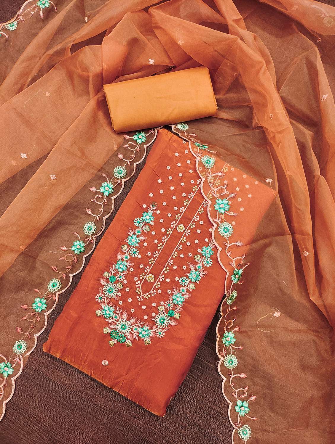 women solid with work unstitched suit set