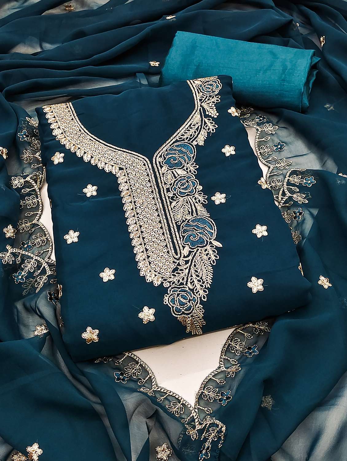 women solid with work unstitched suit set