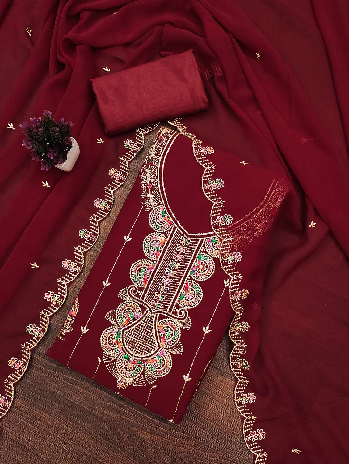 women solid with work unstitched suit set