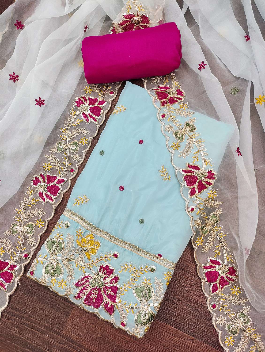 women solid with work unstitched suit set