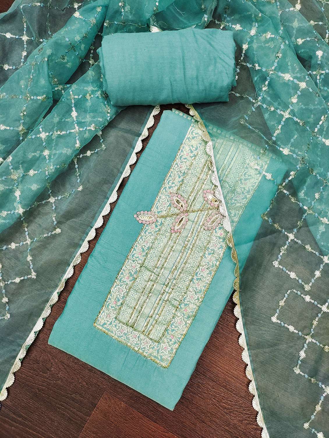 women solid with work unstitched suit set