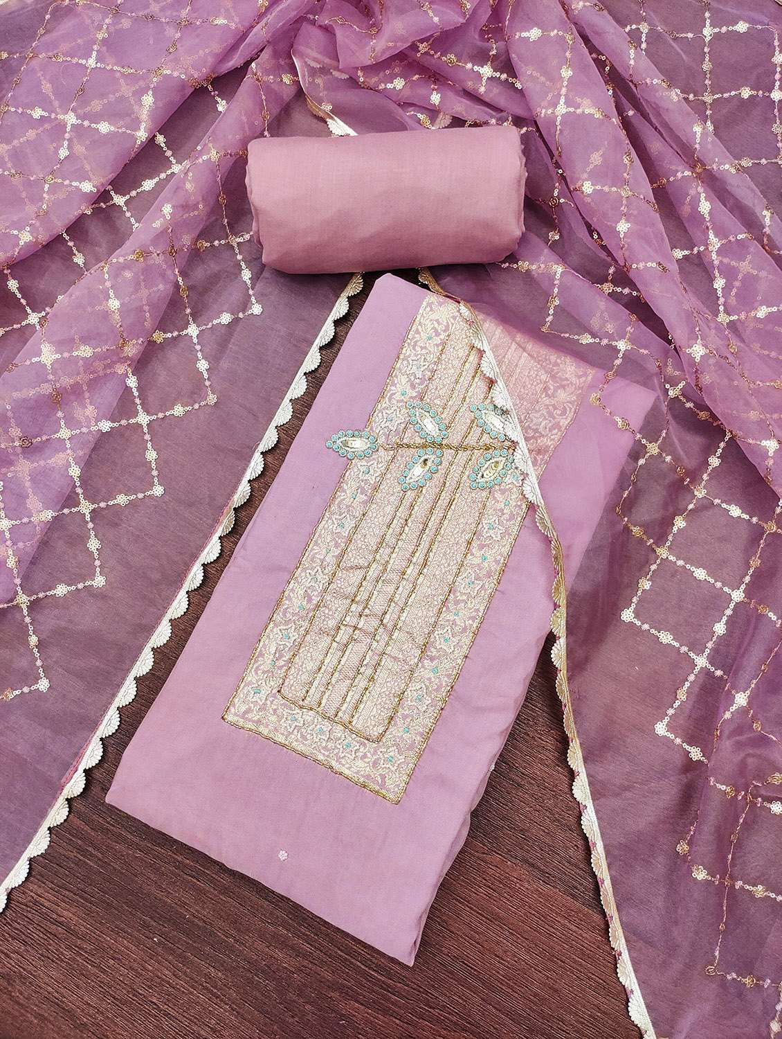 women solid with work unstitched suit set