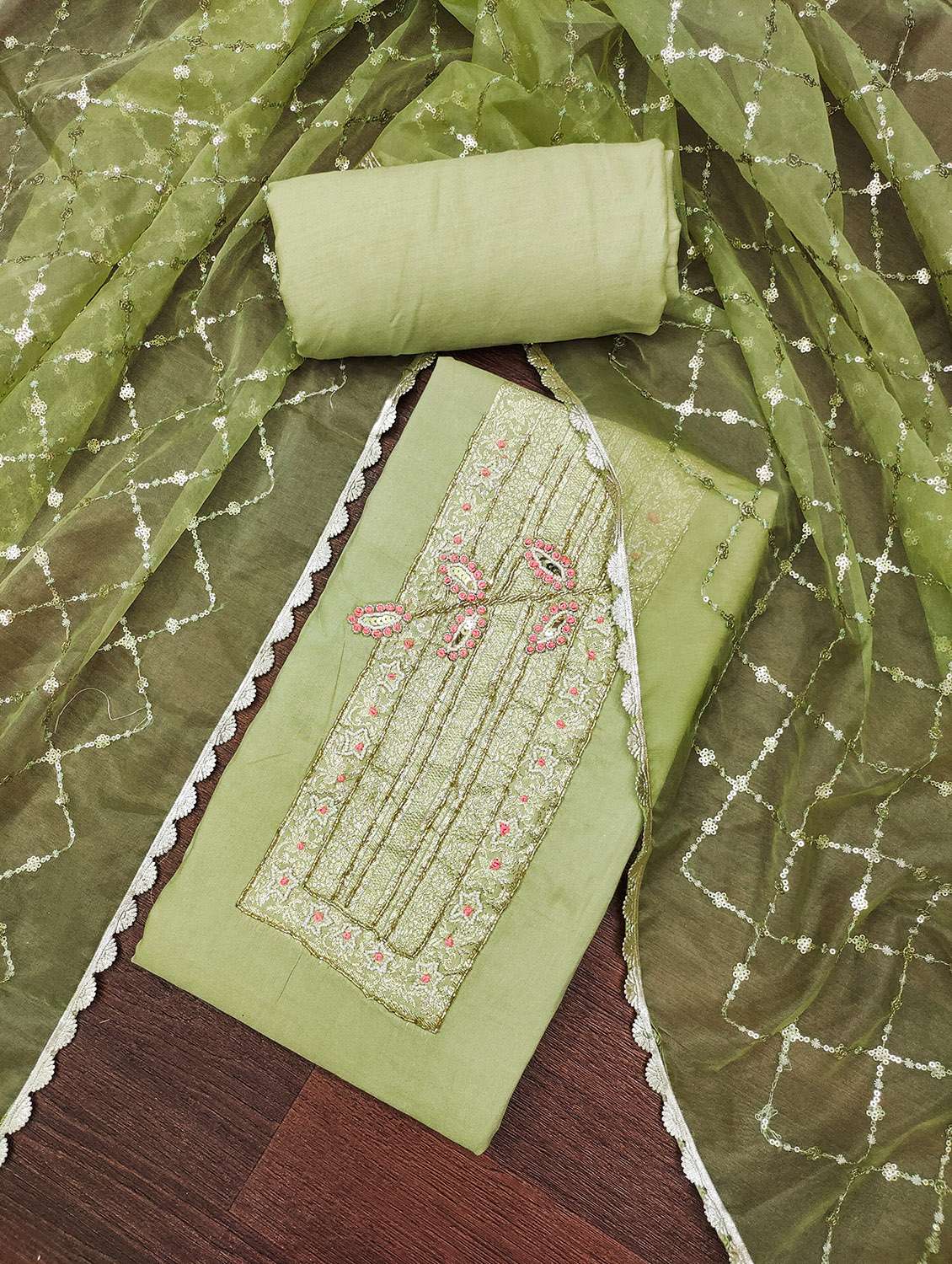 women solid with work unstitched suit set