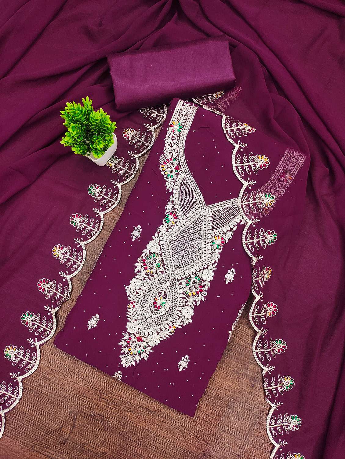 women solid with work unstitched suit set