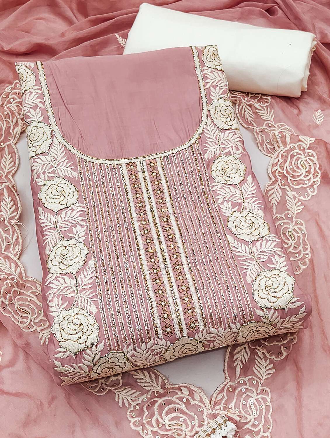 Women Solid With Work Unstitched Suit Set - 22431164 -  Standard Image - 3